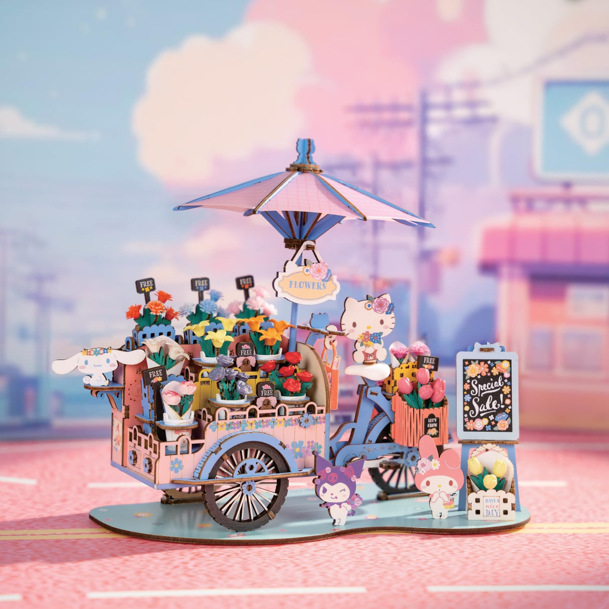 Hands Craft Hello Kitty And Friends Flower Cart 3D Wooden Puzzle Kit | DIY Floral Model | Arts & Crafts for Adults & Kids | Creative Hobby Kits | Hello Kitty Characters | Wood Building Set | Nice Gift Hands Craft