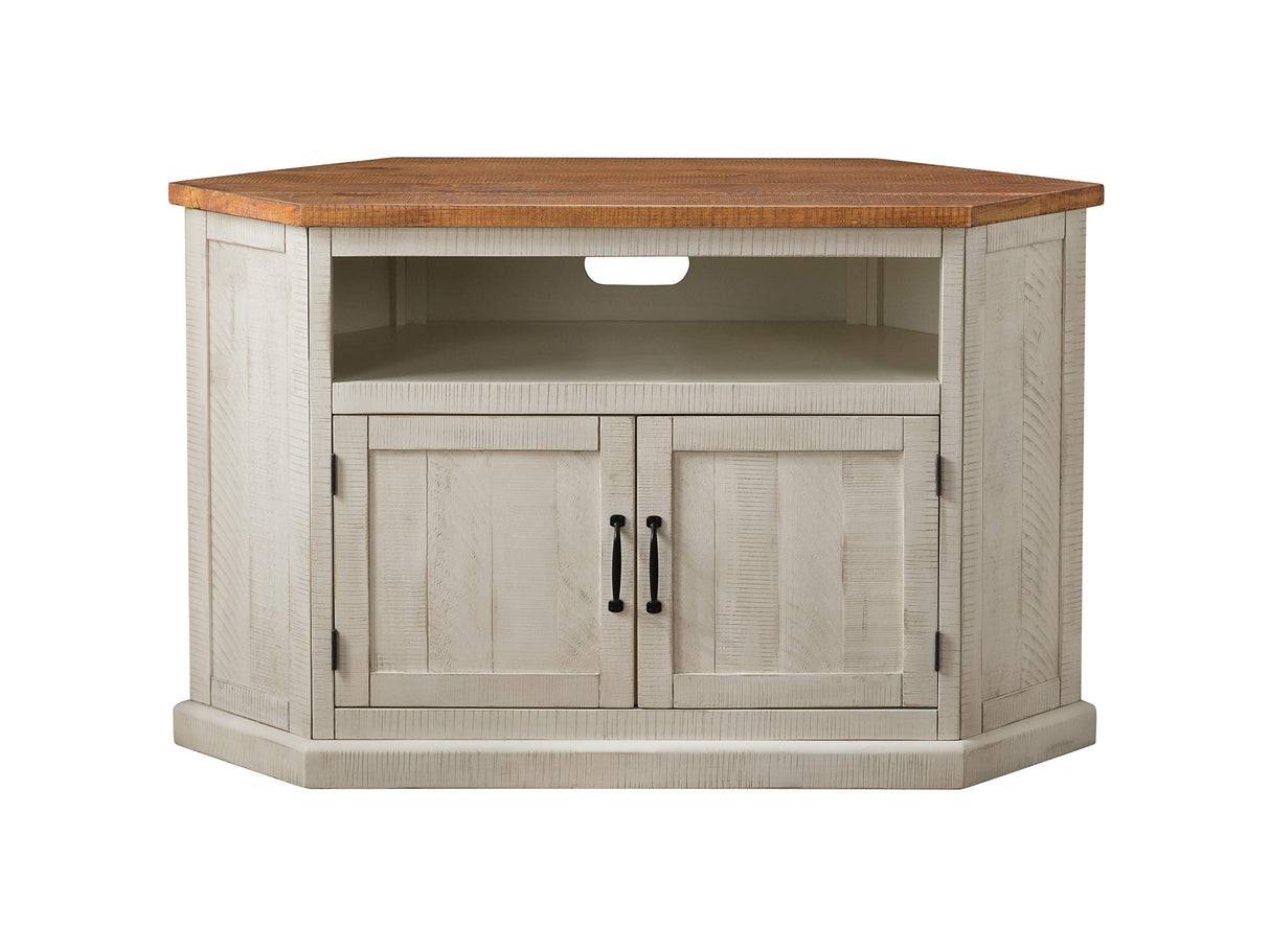 Martin Svensson Rustic Solid Wood TV Stand - Antique White and Honey Tobacco Finish - Hexagonal Shape and Farmhouse Design Entertainment Center with Shelves Included Martin Svensson Home