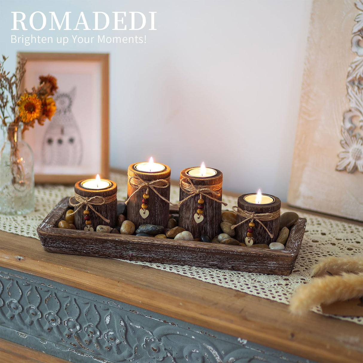 Farmhouse Coffee Table Decor Candle Holder - Romadedi Boho Wooden Tray with 4 Tealight Candles Holders for Tables Centerpiece Home Decorations Living Room Fireplace Kitchen Romadedi