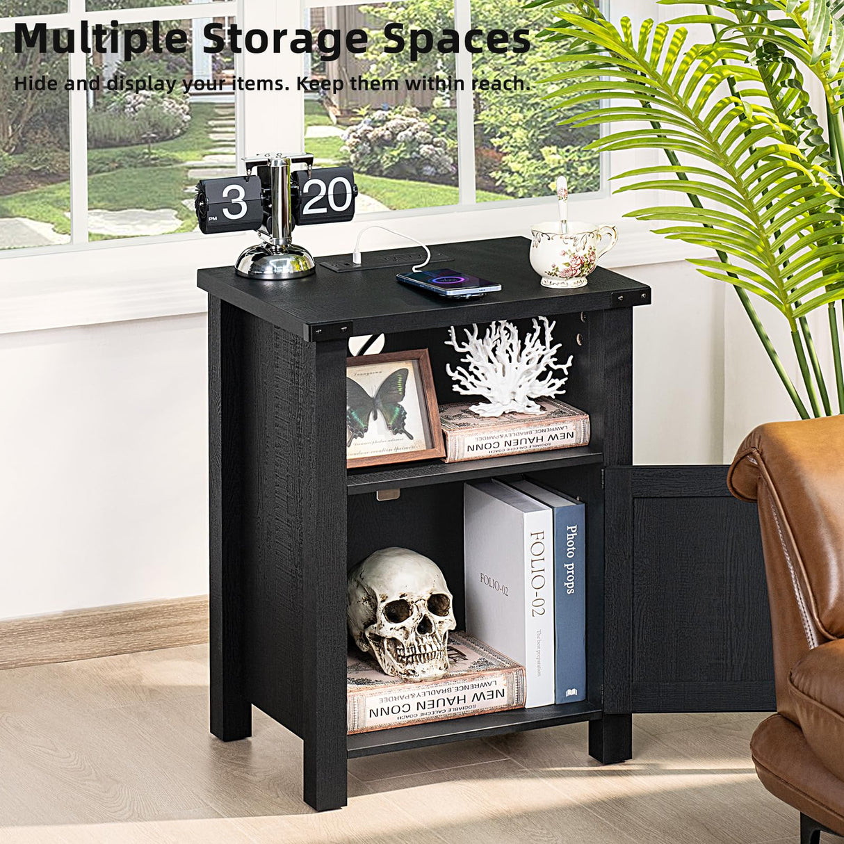 Joaxswe Night Stand, 18 Inch Farmhouse Nightstand with with Charging Station and USB Port, Rustic Couch End Table with Magnetic Door, Wood Bed Side Tables for Bedroom, Home, Black Joaxswe