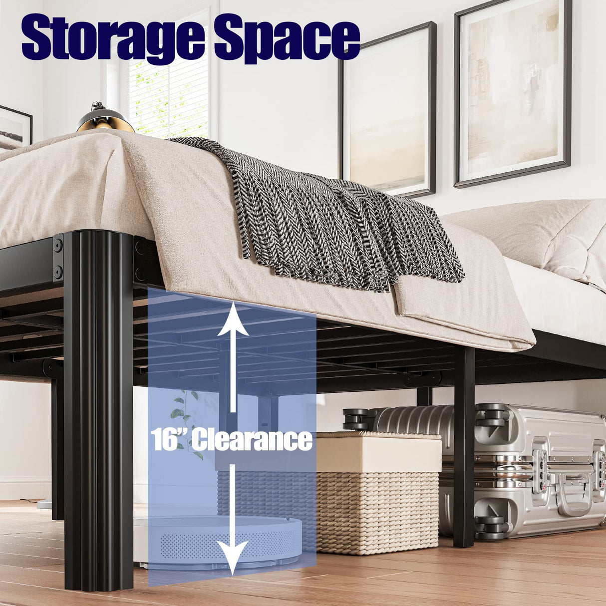 Heavy Duty 18in Hunlostten King Platform Bed Frame - No Box Spring Required, Noise-Free with Ample Under-Bed Storage Hunlostten