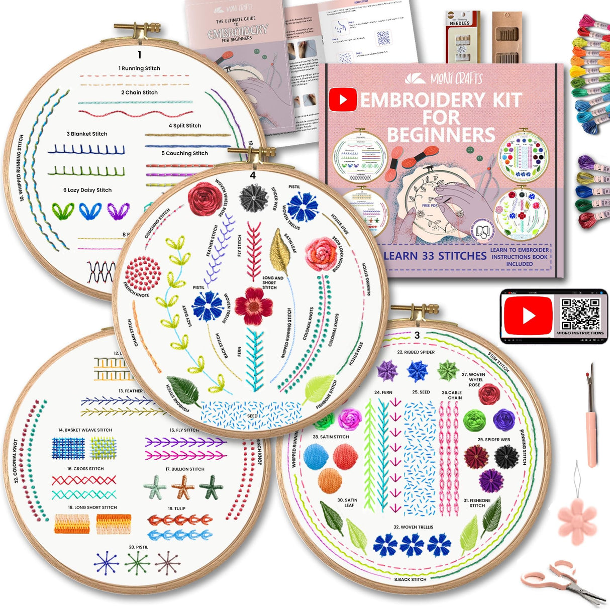 Moni Crafts Embroidery Kit for Beginners – DIY Hand Embroidery Set for Adults and Kids with 4 Stamped Patterns, Hoop, Threads, Needles and Step-by-Step Stitch Guide to Learn 33 Stitches Moni Crafts