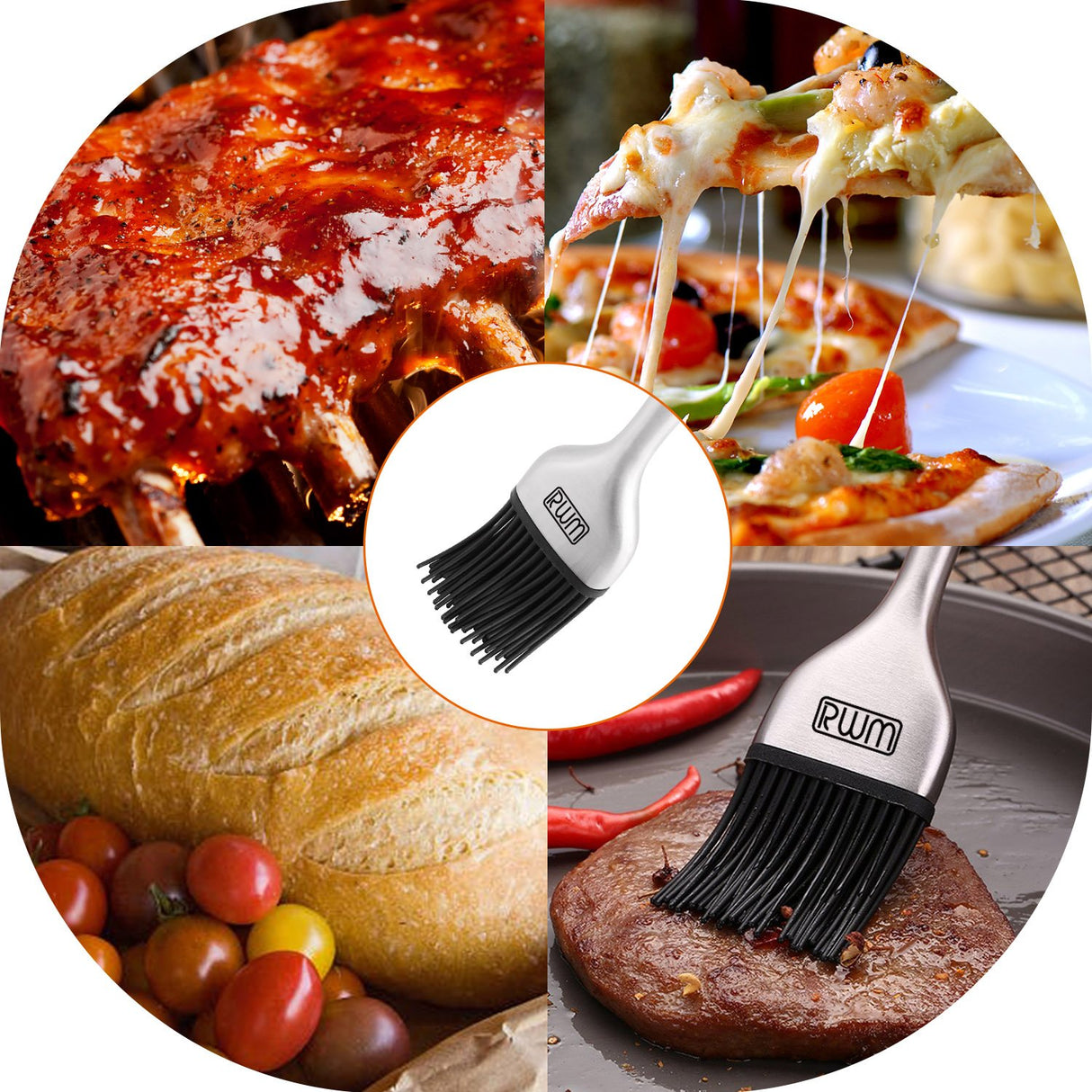 RWM Basting Brush - Grilling BBQ Baking, Pastry and Oil Stainless Steel Brushes with Back up Silicone Brush Heads(Orange) for Kitchen Cooking & Marinating, Dishwasher RWM