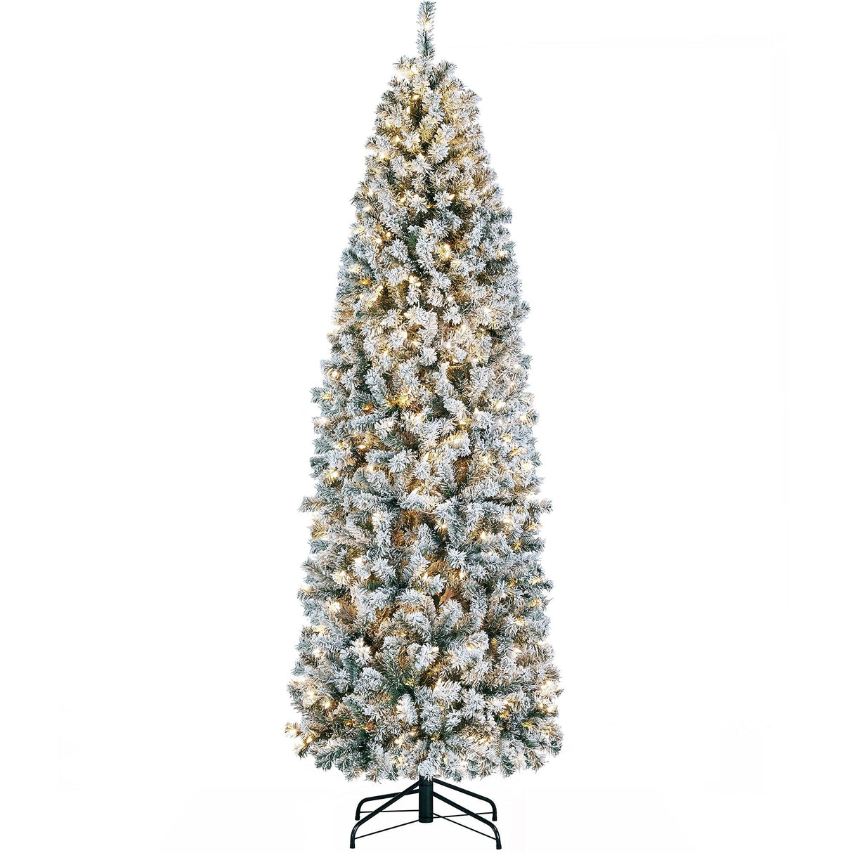 Yaheetech 7.5ft Pre-lit Snow Flocked Pencil Christmas Tree Kingswood Fir Hinged Slim Skinny Corner Xmas Tree with 350 Incandescent Warm White Lights & 1086 Snow Branch Tips, White Yaheetech