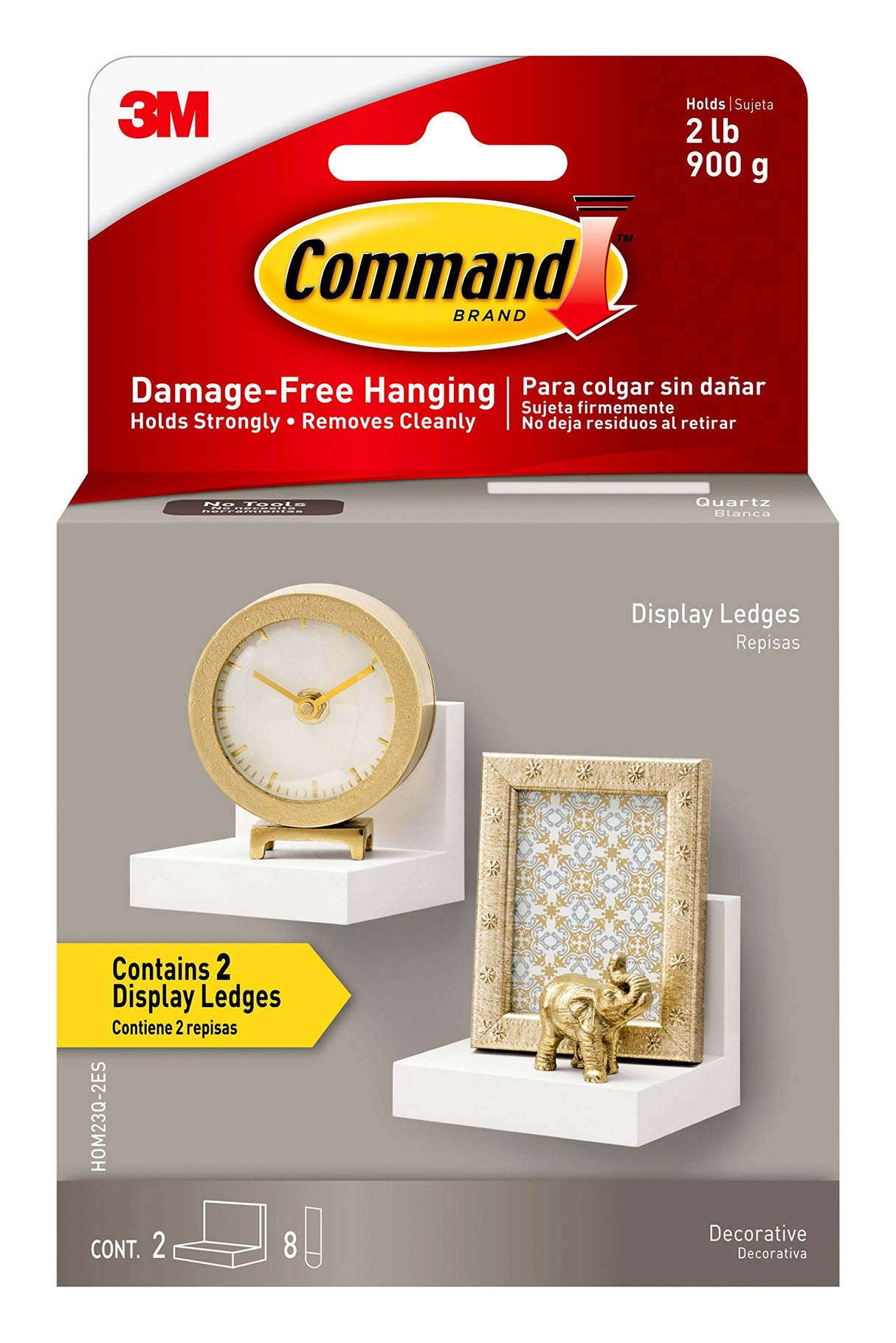 Command Display Ledges, Holds up to 2 lb, Quartz, 2 Ledges with 8 Medium Command Strips, Damage Free Hanging Floating Shelf with Adhesive Strips, Personalize Living Room, Bedroom, Kids Room or Office Command