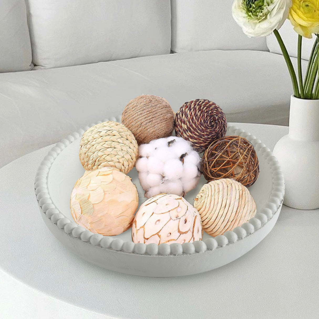 dwellington Beaded Wood Decorative Bowl, 10.63" Farmhouse Wooden Bowl White Wash Decorative Tray for Home Decor dwellington