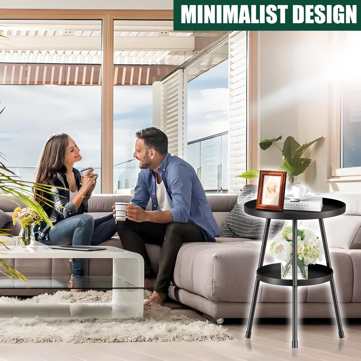 Small Side Table Round 2 Tier End Table Metal Round Coffee Tables Nightstand for Small Spaces Indoor Outdoor and Living Room Bedroom or Office SYQ