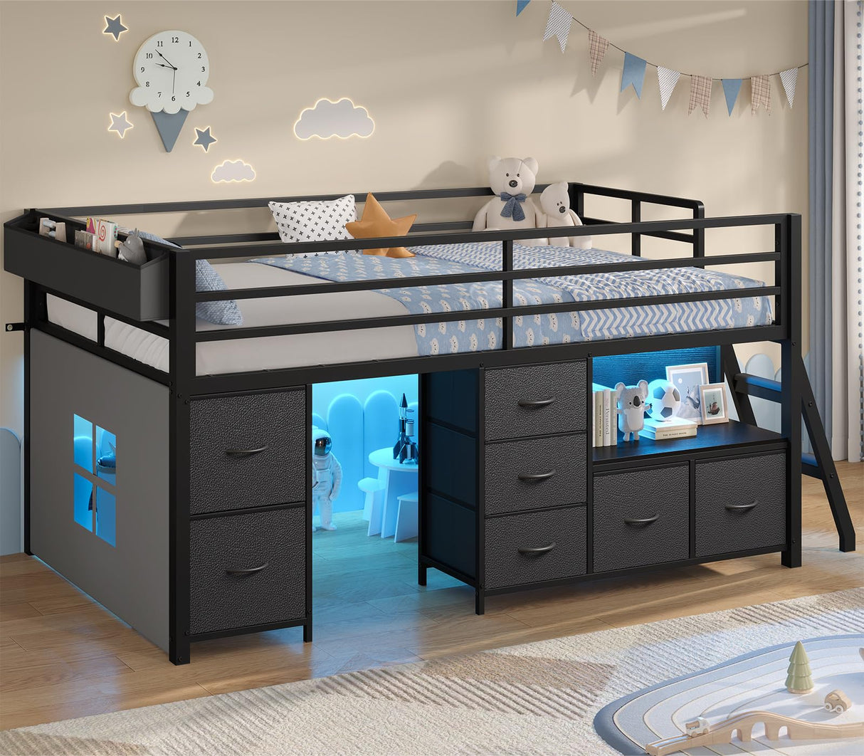ADORNEVE Low Loft Bed Twin Size with 7 Storage Drawers, Bookcase and LED Lights, Metal Kids Loft Bed with 14" H Safety Guardrail,Inclined Ladder and Play Curtain, Under-Bed Play Space, Black ADORNEVE