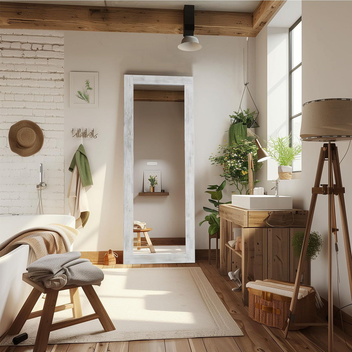 MELOMOIR Rustic Farmhouse Full Length Mirror, 64"x21" Wood Frame Floor Mirror, Free Standing Mirror Leaning Hanging Mirror, Long Mirror for Bedroom Living Room Cloakroom, Weathering White MELOMOIR