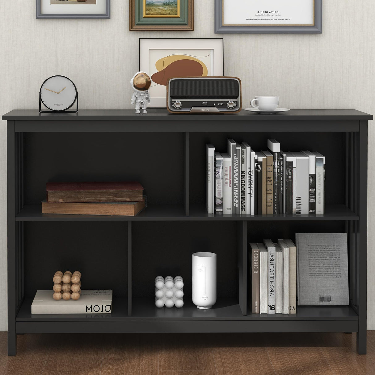 TaoHFE Short Bookshelf with 2-Layer 5 Cube Shelf,Wooden Bookcase Modern Minimalist Style, Horizontal Bookshelf for Living Room, Classroom, Bedroom, Book Shelf with Storage Cube Bookcase, Black TaoHFE