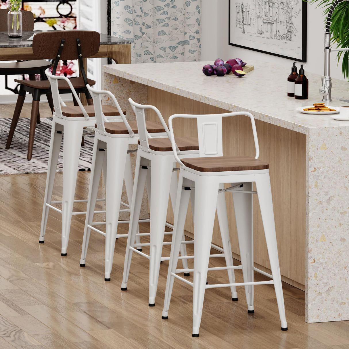 Yongchuang 26 inch Metal Bar Stools Set of 4 Counter Height Barstools Farmhouse Kitchen Bar Chairs with Wood Seat Low Back Cream White Yongchuang