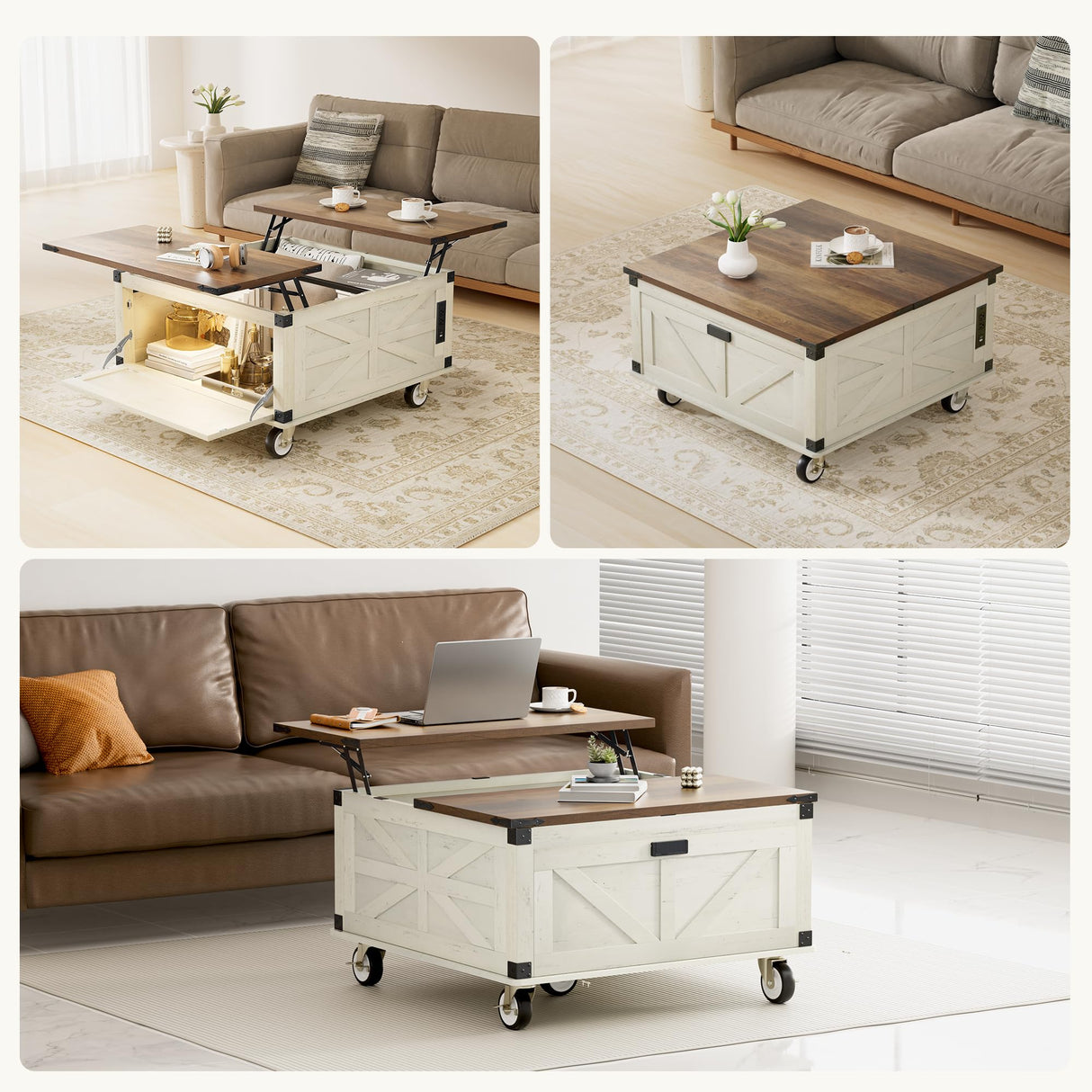 EFQHADK 36''Double-Sided Lift Top Coffee Table- Living Room Farmhouse Coffee Table with Storage- Large Square Wood Center Table with Lockable Wheels&Led, Convertible for Game/Movie/Dinning (White) EFQHADK