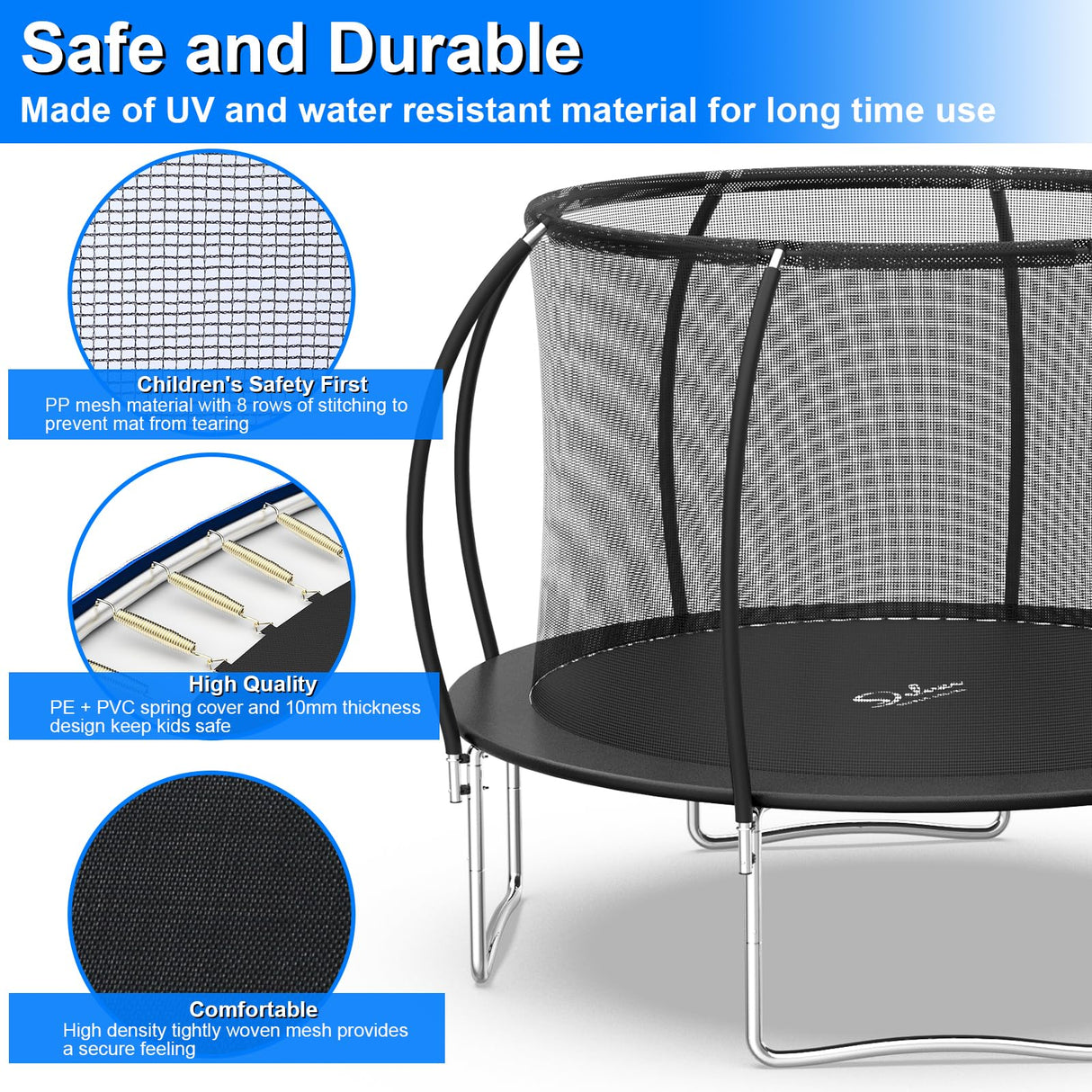 YSSOA 12FT Trampoline Secure Fun for Kids and Adults Recreational Trampolines Complete with Safety Enclosure Wind Stakes and 400LBS Weight Capacity Black Inside Net YSSOA