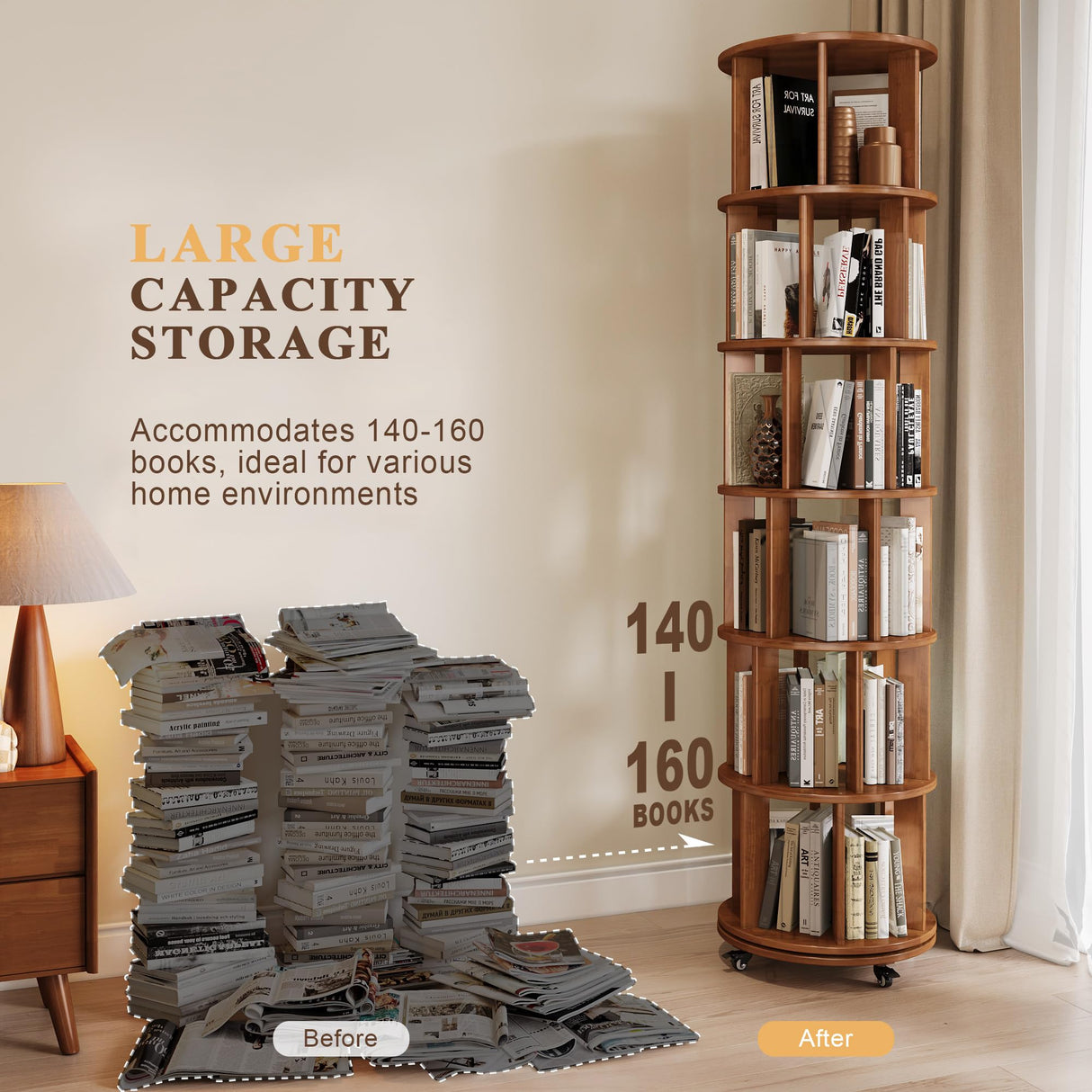 IUNVR 6 Tier Bookshelf Tower, 360° Solid Wood Spinning Bookcase with Swivel Wheels, Floor Standing Book Shelf for Small Space, Bookshelf for Home Office Study Room Bedroom Living Room IUNVR