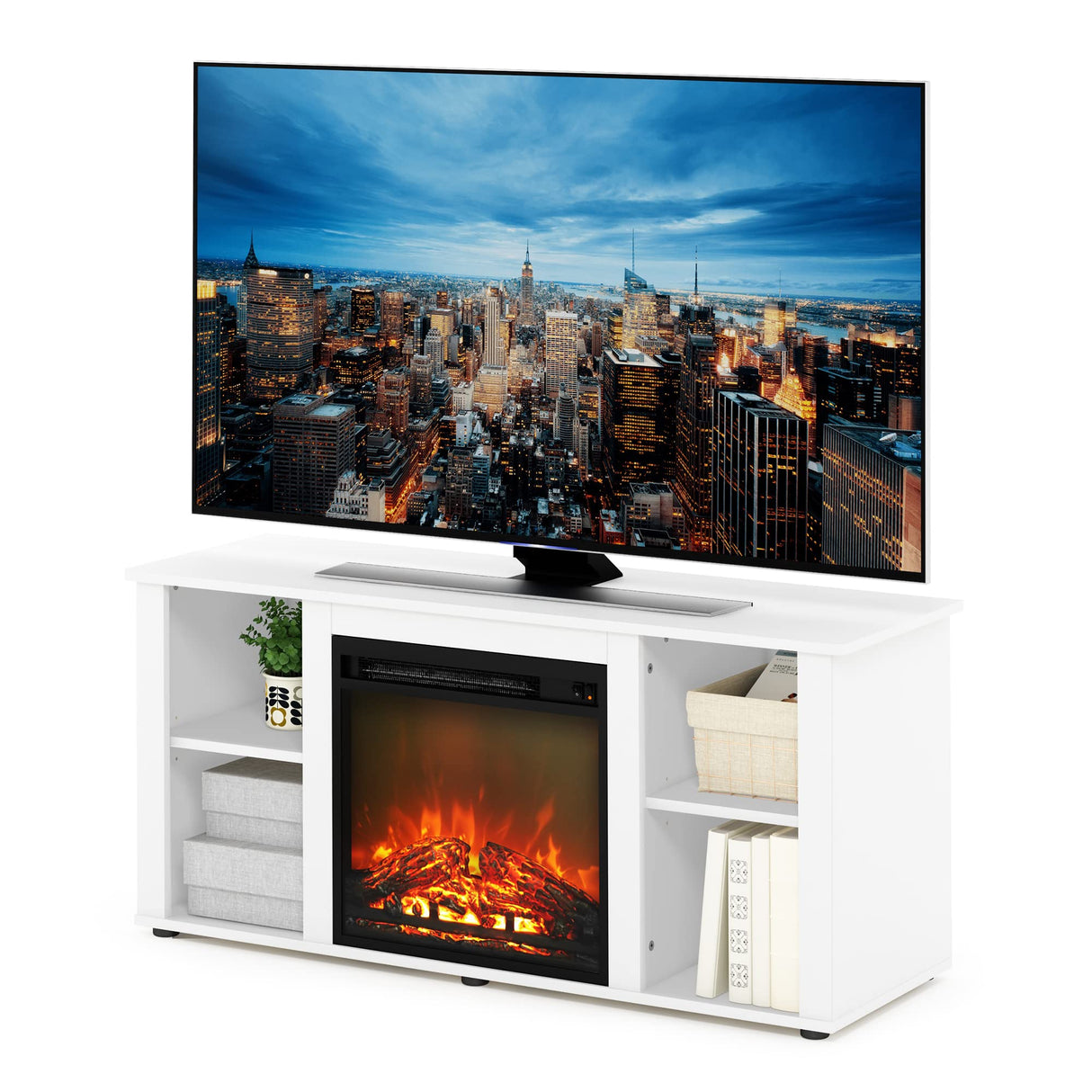 Furinno Jensen Entertainment Center Stand with Fireplace for TV up to 55 Inch, Corded Electric, White Furinno