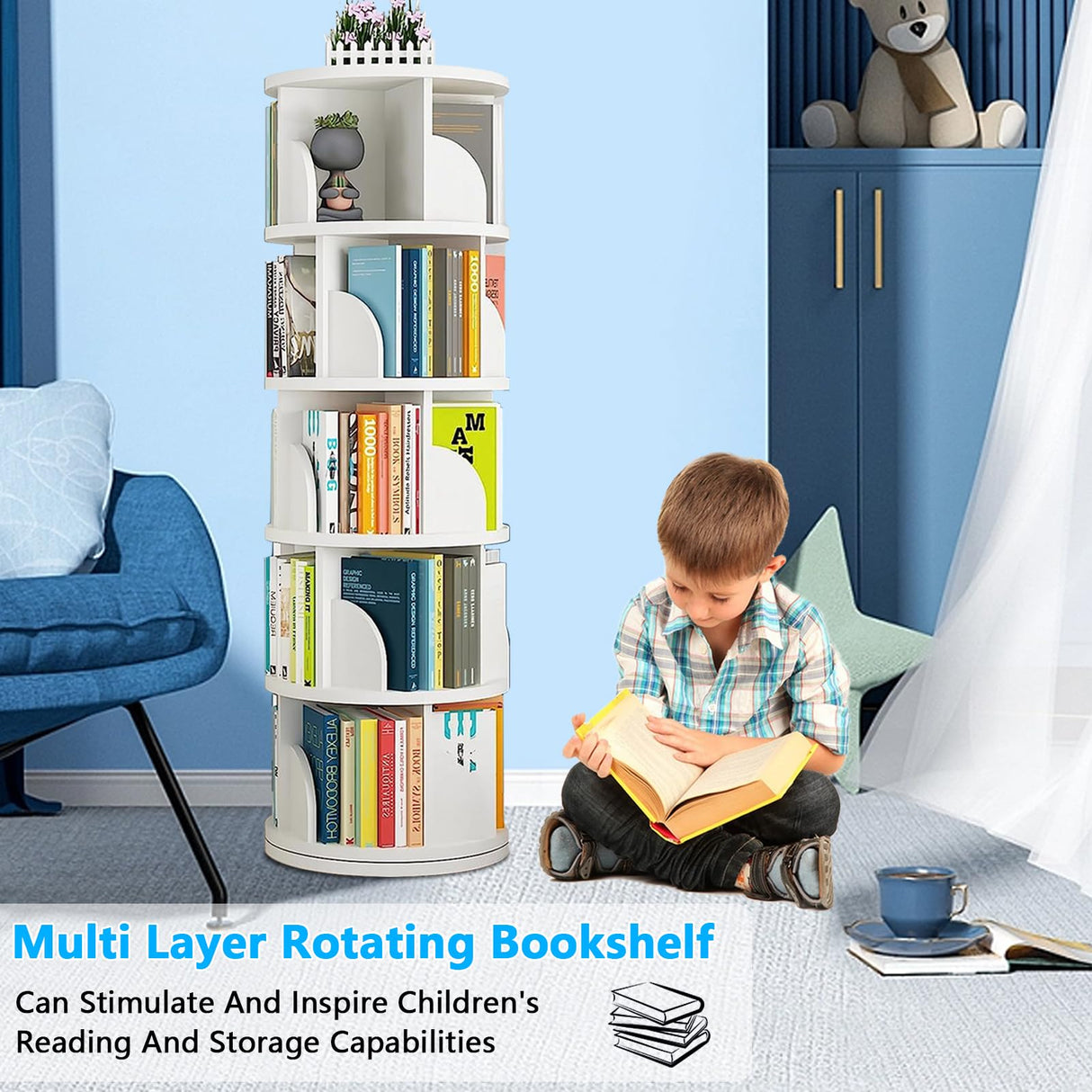 Rotating 5-Tier Bookshelf Tower for Small Spaces - 360° Display Bookcase Ideal for Kids and Adults LIGEAROW