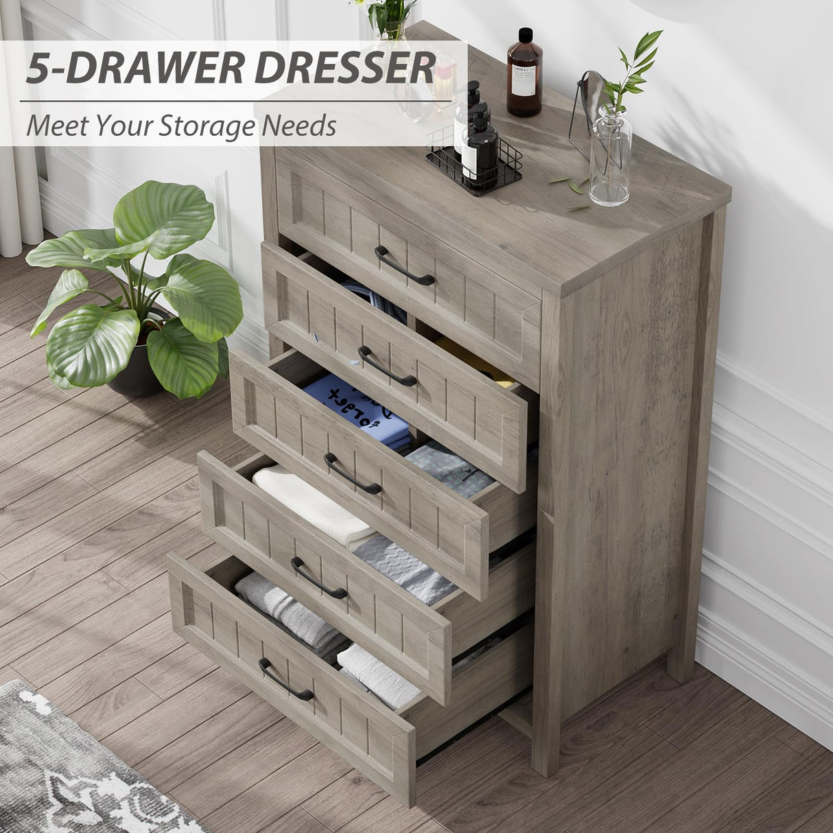Jocoevol 5 Drawer Dresser for Bedroom, Farmhouse Dresser with Deep Drawers, Tall Grey Dresser Wooden Dresser Chest of Drawers for Living Room, Hallway, Entryway (Grey, 5 Drawer) Jocoevol