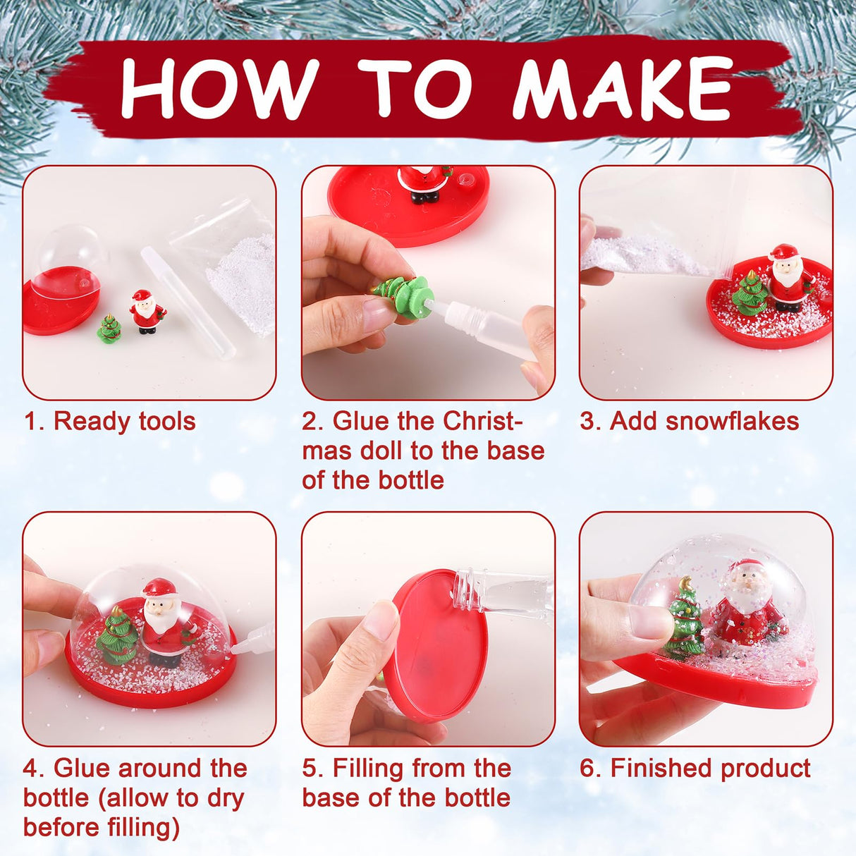 Karsspor 6 PCS Christmas Snow Globe Kit, DIY Christmas Craft Kit with 12 Festive Toys for Creative Christmas Arts and Crafts, Craft Snow Globe for Holiday Decor, Plastic Snow Water Globe Kit for Kids Karsspor
