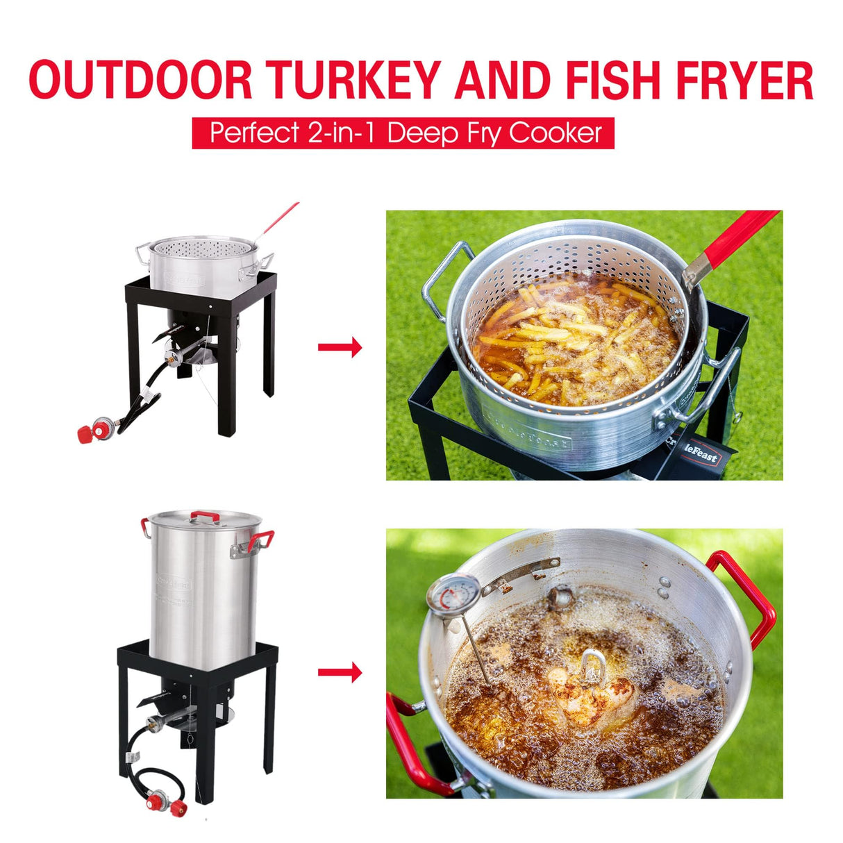 CreoleFeast TFS3010 Propane 30 Qt. Turkey and 10 Qt. Fish Fryer Boiler Steamer Set, 50,000 BTU Burner, Ideal for Outdoor Cooking Creole Feast