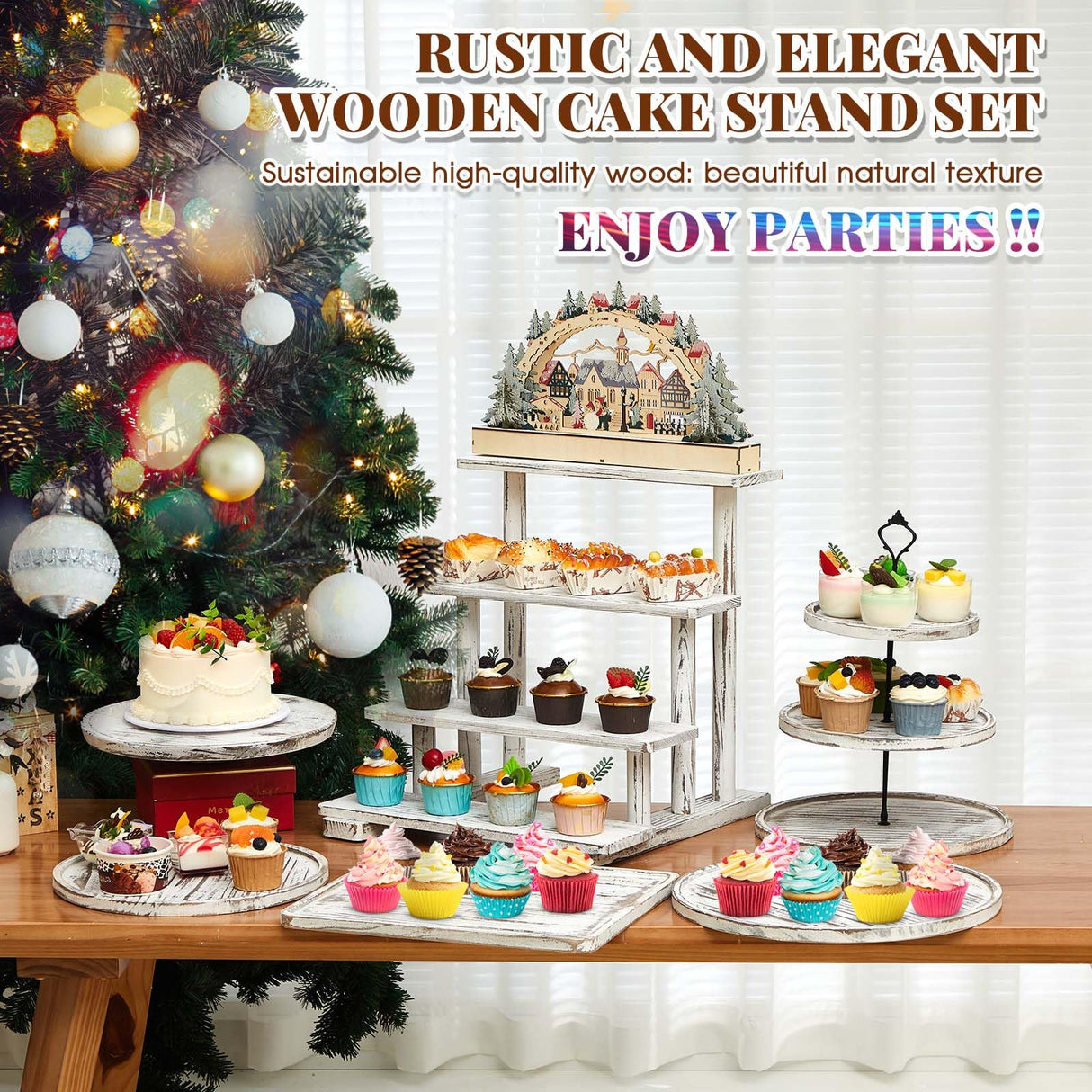 Roowest Wood Cake Stands Set of 6 Wood Dessert Tower Dessert Trays Desert Stands Cupcake Stand Rustic Wood 3 Tier Cupcake Serving Stands with Dessert Trays Farmhouse Wood for Tea Party (Vintage Brown) Roowest