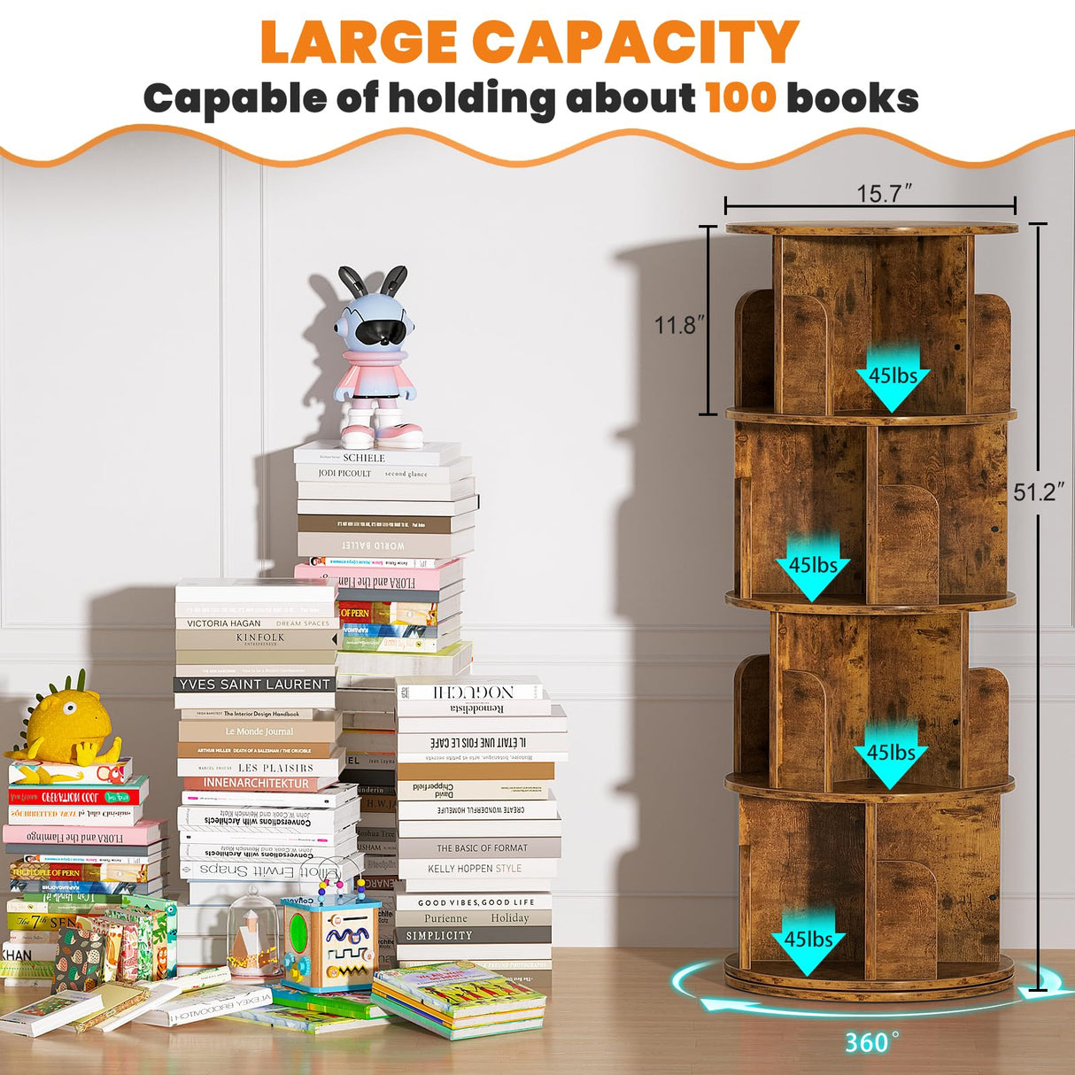 Besiost Rotating Bookshelf, Corner Bookshelf, 360 Display Wood Spinning Bookcase Storage Rack, Floor Standing Revolving Bookcase Narrow Book Shelf Organizer for Small Space, Bedroom, Rustic Brown Besiost