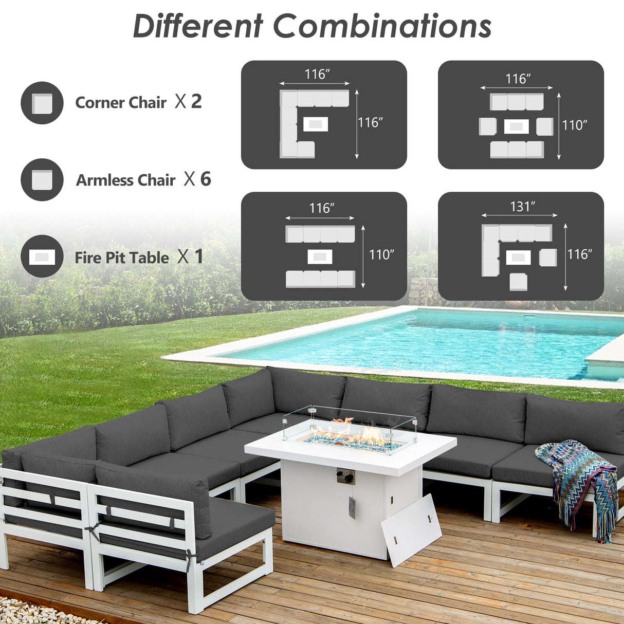 RADIATA 9 Pieces Aluminum Patio Furniture with Fire Pit Conversation Set with 29'' Large Depth Seat Outdoor Luxury Sofa Set (Dark Gray with White Aluminum) RADIATA