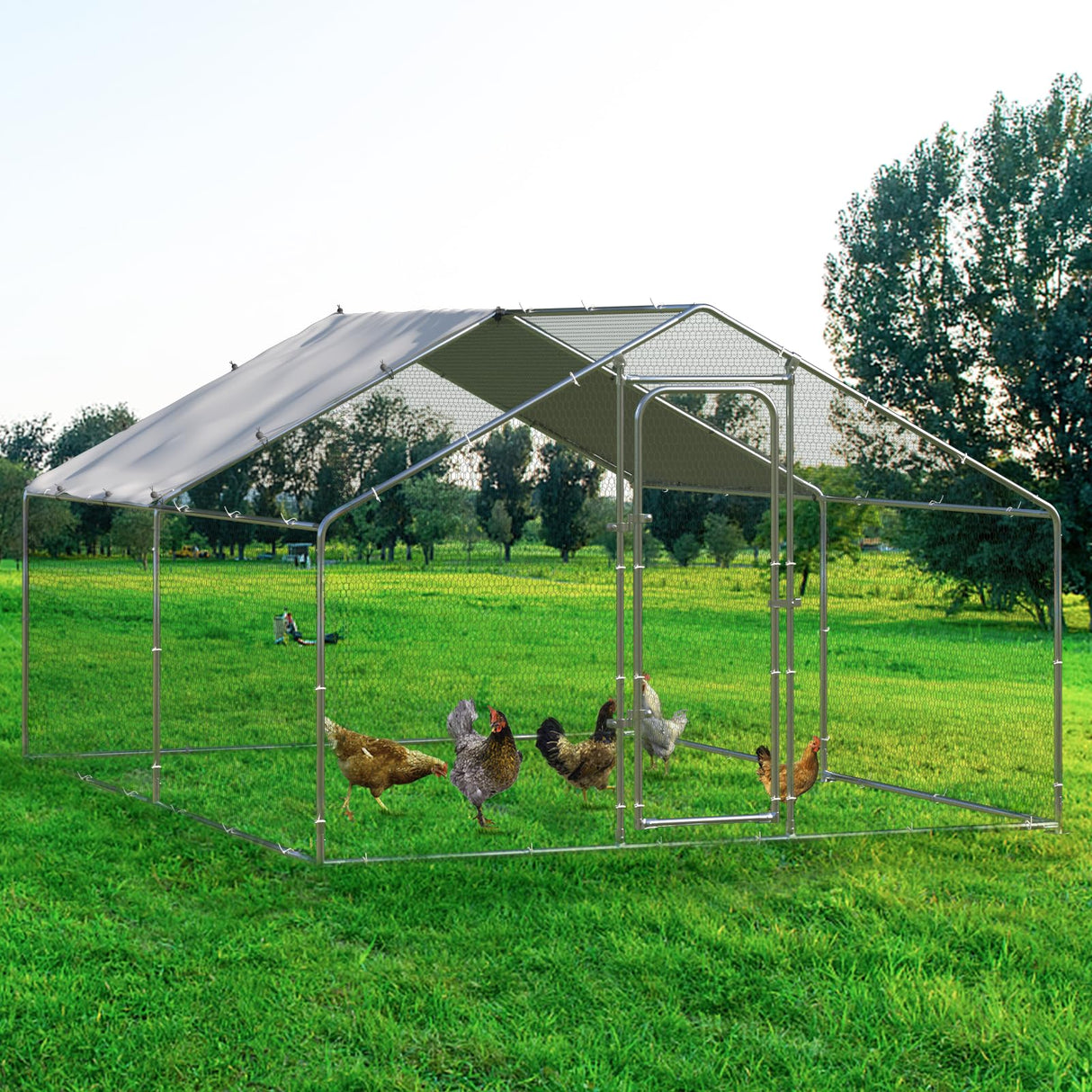 BOSSIN Bold Chicken Coop Run Large Metal Chicken Pen Outdoor, Poultry Cage Spire Shape, Heavy Duty Walkin for Yard with Waterproof and Anti-UV Cover, for Rabbits Habitat BOSSIN