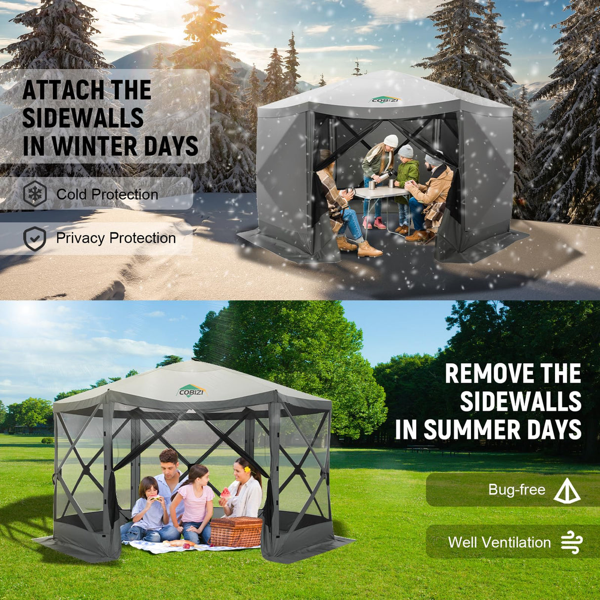 COBIZI 12x12ft Pop up Gazebo Screen Tent Screen House for Camping, Camping Outdoor Screened Gazebo with Sidewalls, Portable Hub Tent with Carrying Bag and Ground Stakes, Grey(Upgraded 2.0) COBIZI