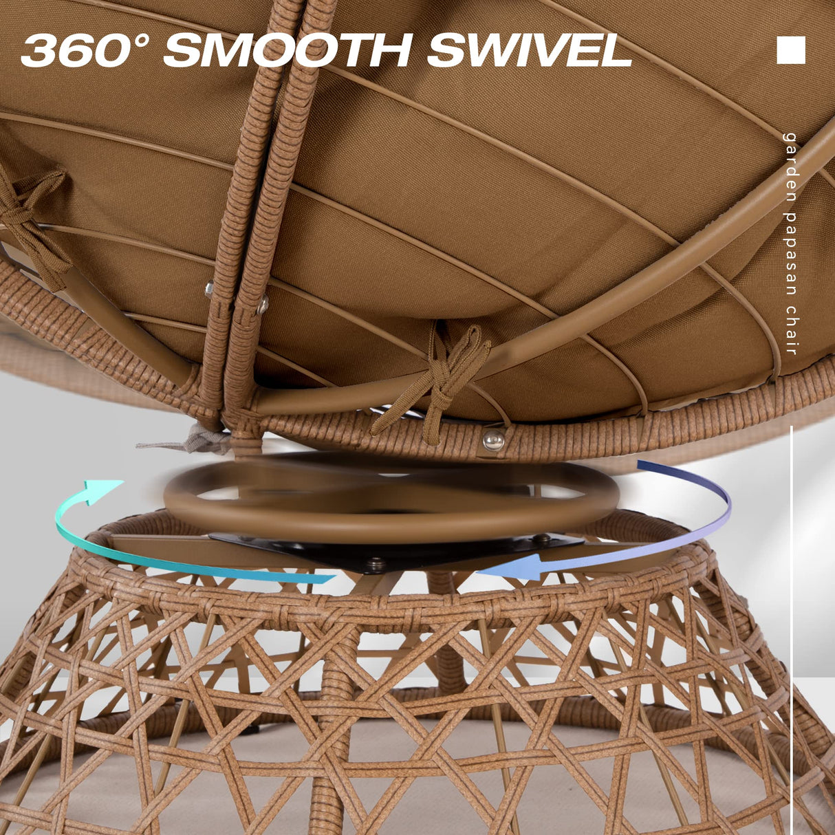 38'' 360 Degree Swivel Wicker Papasan Chair with Cushion and Base - Thickened Rattan Swivel Papasan Chair with Soft Cushion and Durable Frame, Oversized Reading Chair for Living Room, Camel MeetLeisure