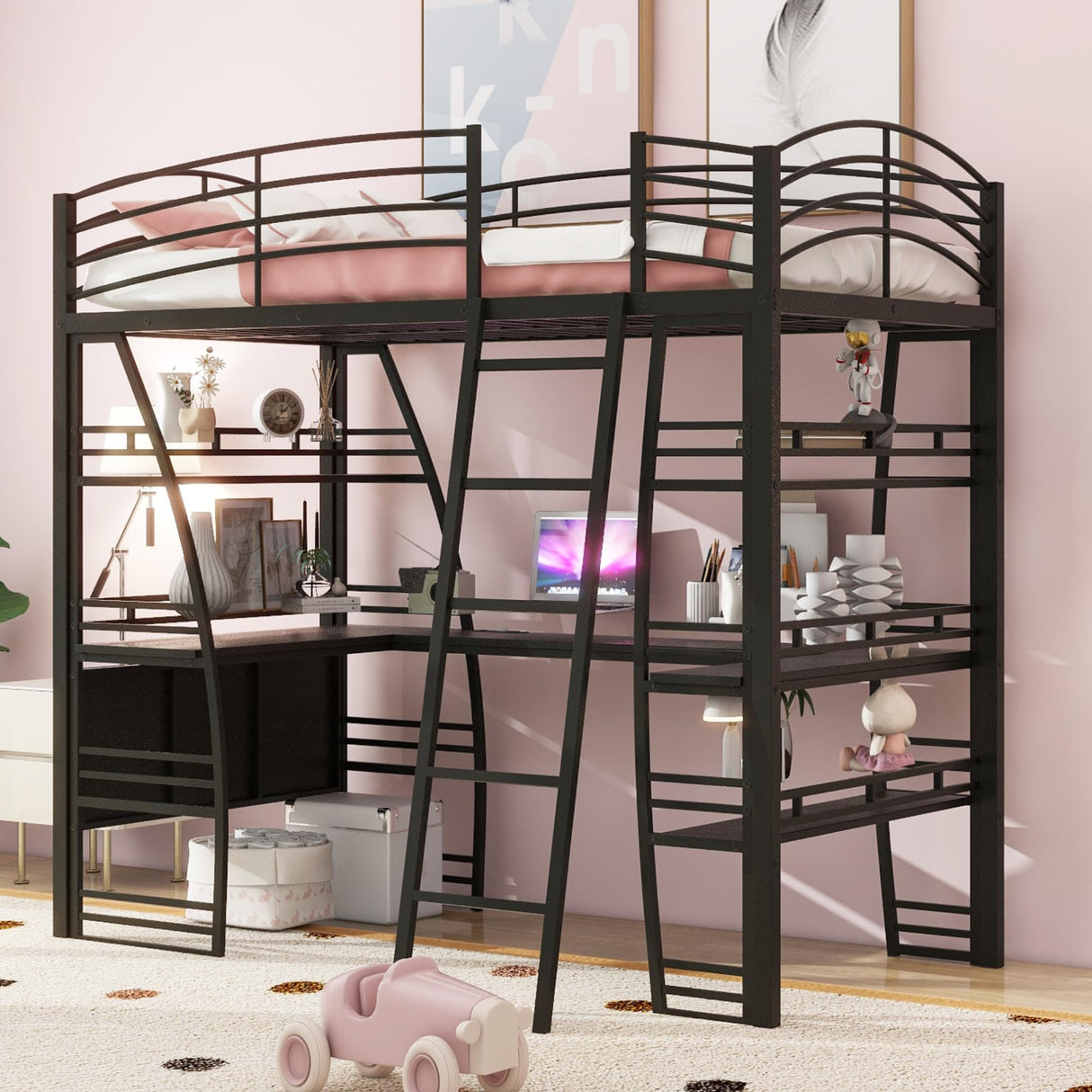 Bellemave Twin Size Loft Bed, Loft Bed with Desk and Bookcase with Metal Frame, Loft Bed with Desk and Storage, Black Bellemave