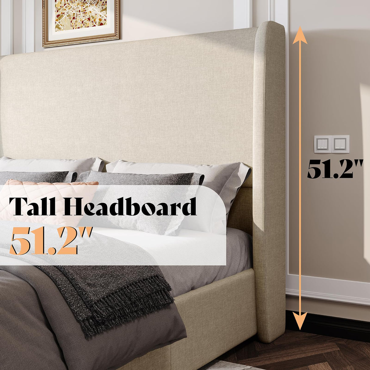 AMERLIFE Lift Up Storage Bed Queen Size Linen Upholstered Platform Bed Frame, Hydraulic Storage,Modern Wingback Headboard, No Box Spring Needed, Khaki AMERLIFE