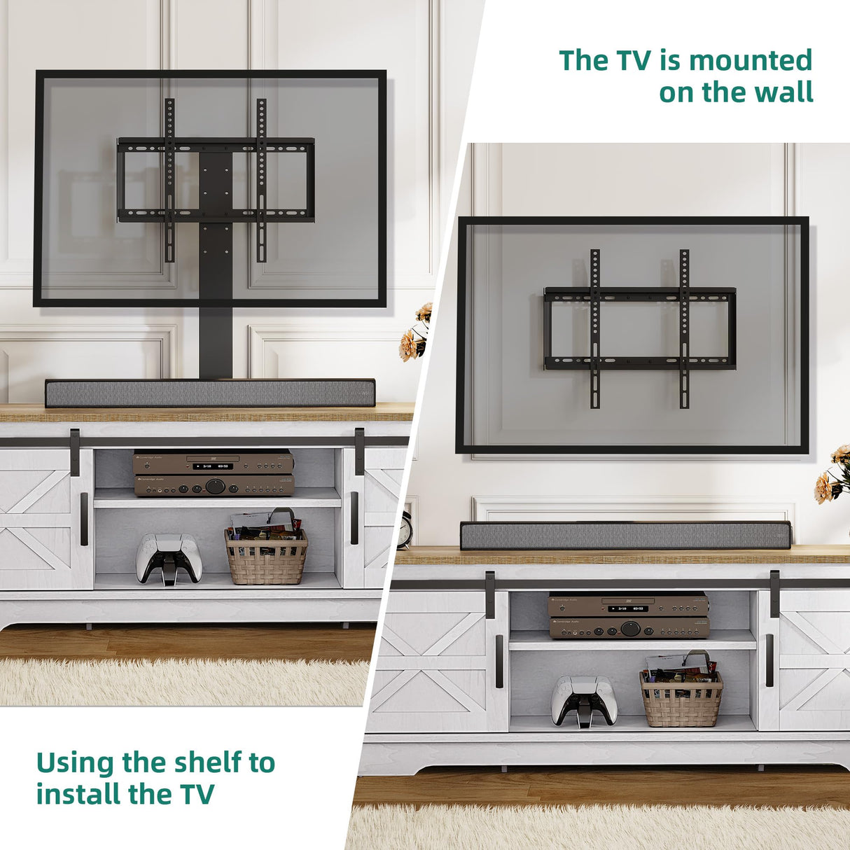 YITAHOME Farmhouse TV Stand with Mount, Television Stand Mount with 3 Height Adjustment for 32-70 inch TVs, Entertainment Center Media Console w/Sliding Barn Door for Living Room, Grey White/Grey Wash YITAHOME