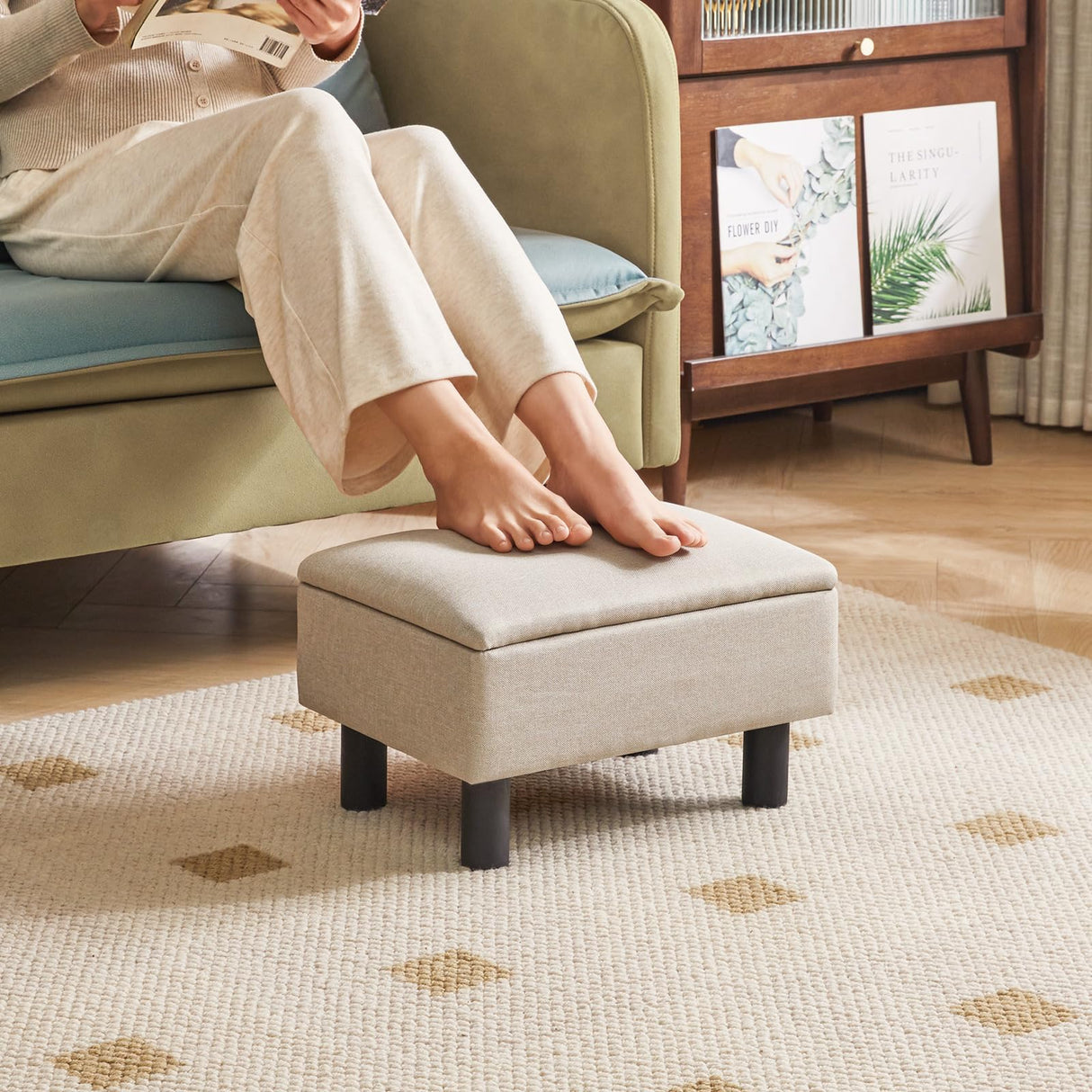 IBUYKE Storage Ottoman Footrest Stool with Linen Fabric, Rectangular, Flip Top Lid, Non-Slip Feet, Compact Design, Stylish and Functional, Linen RF-BD223 IBUYKE