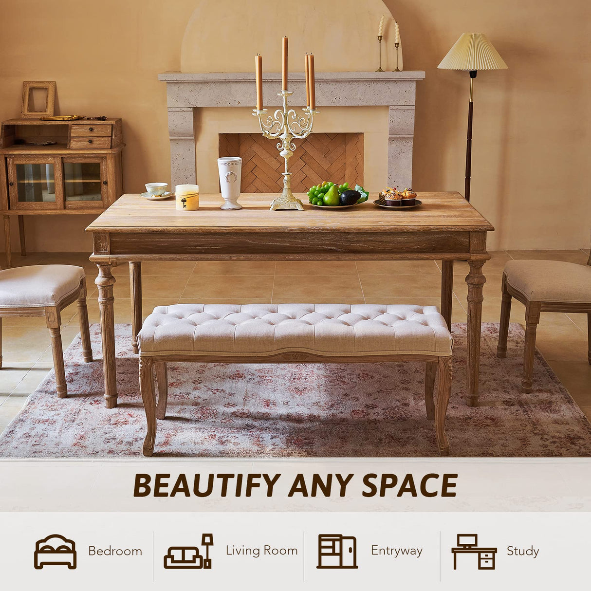 VONLUCE Vintage Bench with Padded Seat & Rubberwood Legs, 44" Memory Foam Upholstered Entryway Bench, Tufted Fabric End of Bed Bench for Bedroom and Living Room, French Style, Beige VONLUCE