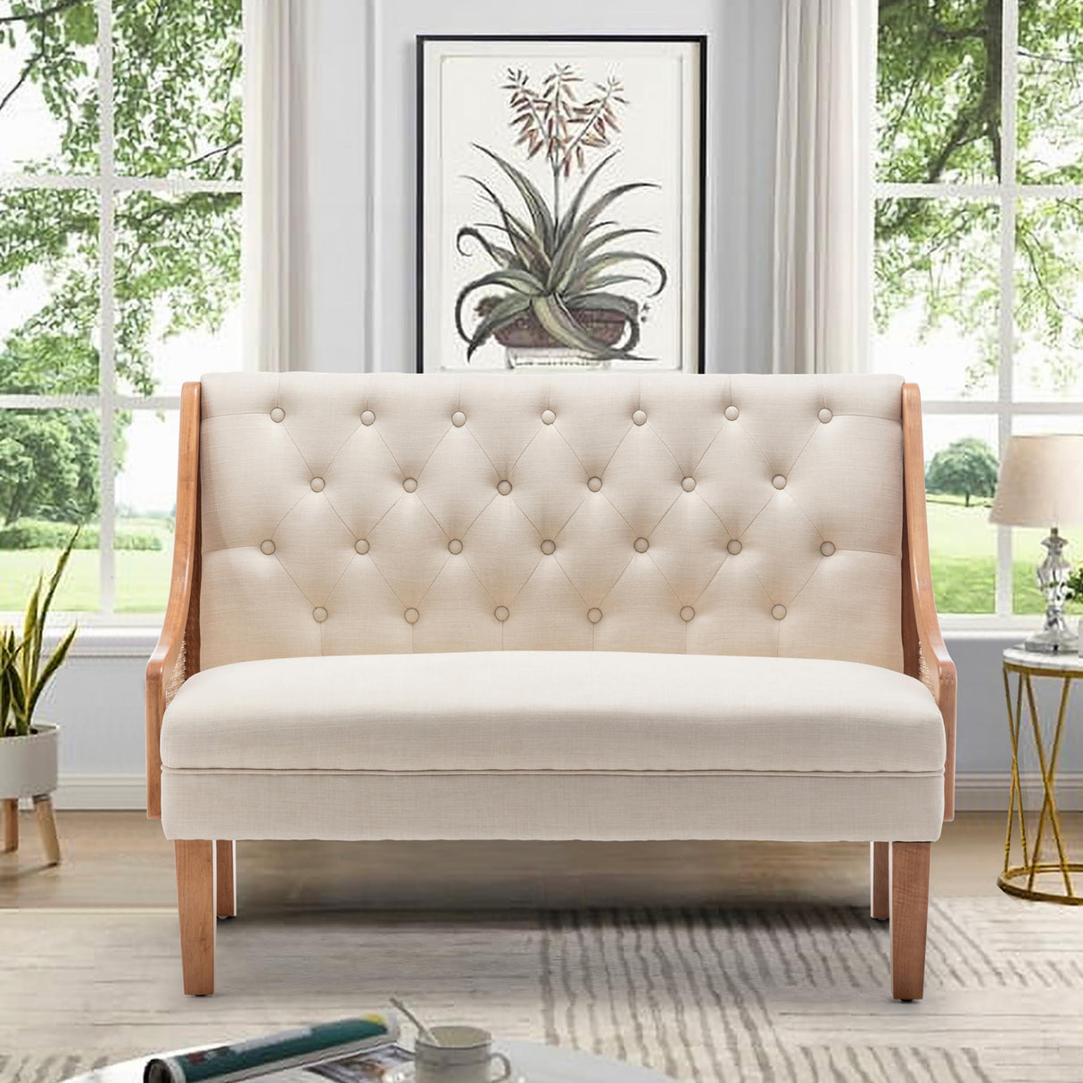 Yongqiang Modern Settee with Back Small Loveseat Sofa Rattan Upholstered Dining Banquette Seating for Kitchen Dining Room Living Room Linen Button Tufted Mini Couch Yongqiang