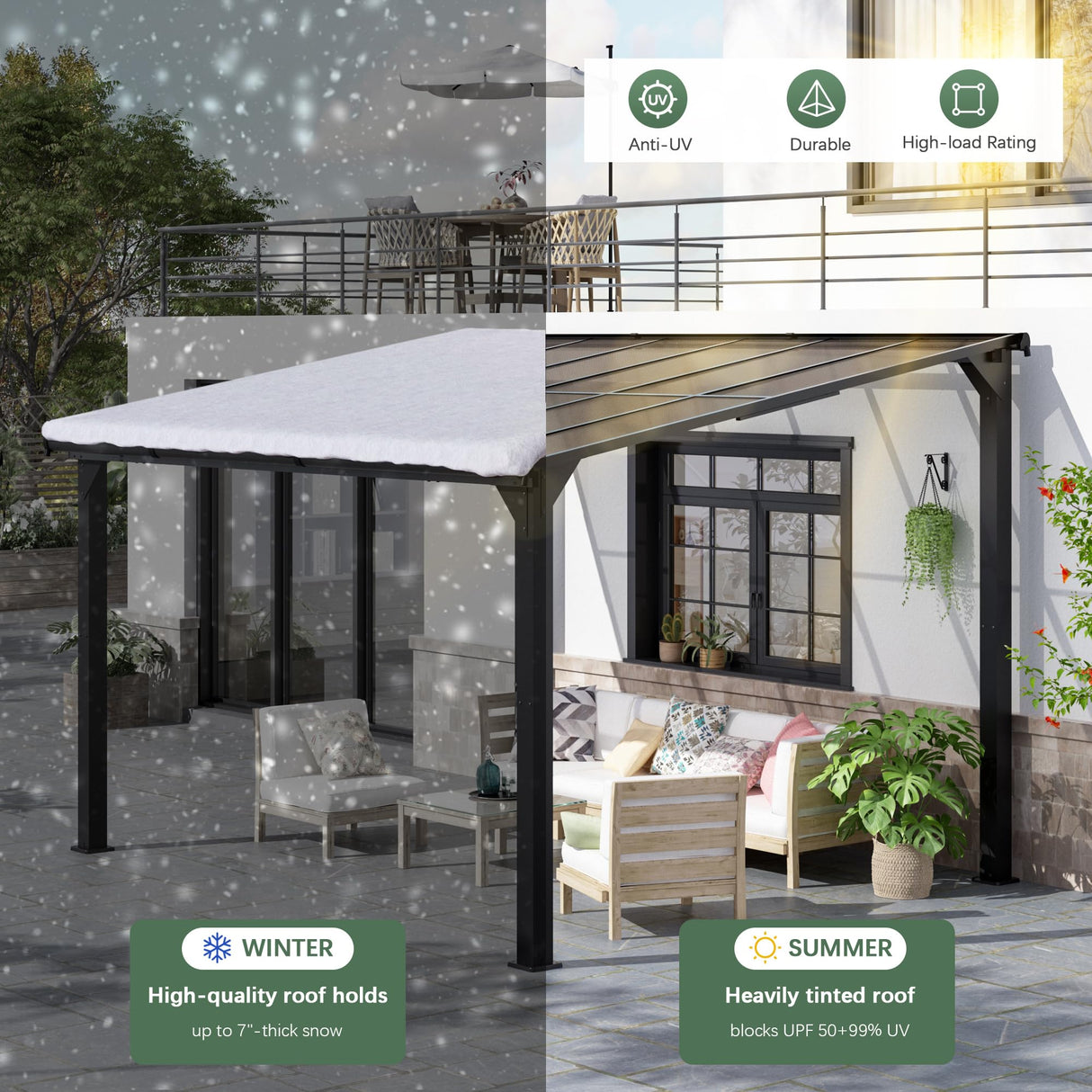 HOGYME 10x12 FT Gazebo, Outdoor Gazebos on Clearance with Updated Frame Structure and Roof, Hard Top Lean to Gazebo Pergola, Wall Mounted Awnings for Patio, Deck, Lawn and Backyard HOGYME