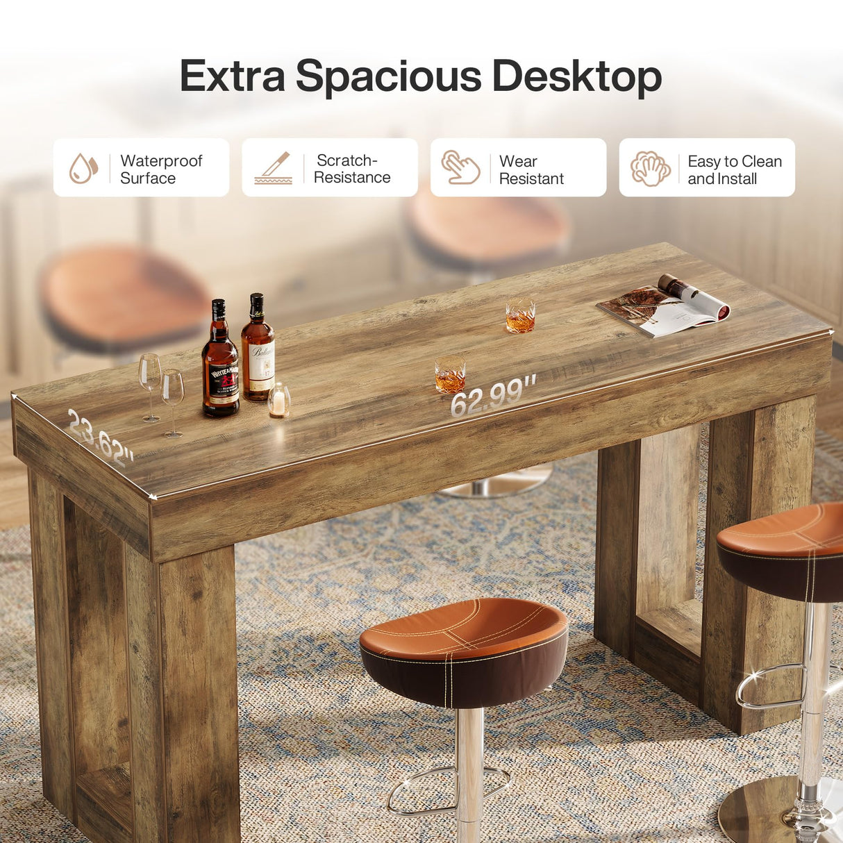 Tribesigns 63-Inch Counter Height Bar Table, High Top Pub Table with Sturdy Rectangular Base, for Home Living Room Coffee Kitchen Restaurant, Dining Room, Rustic Brown Tribesigns