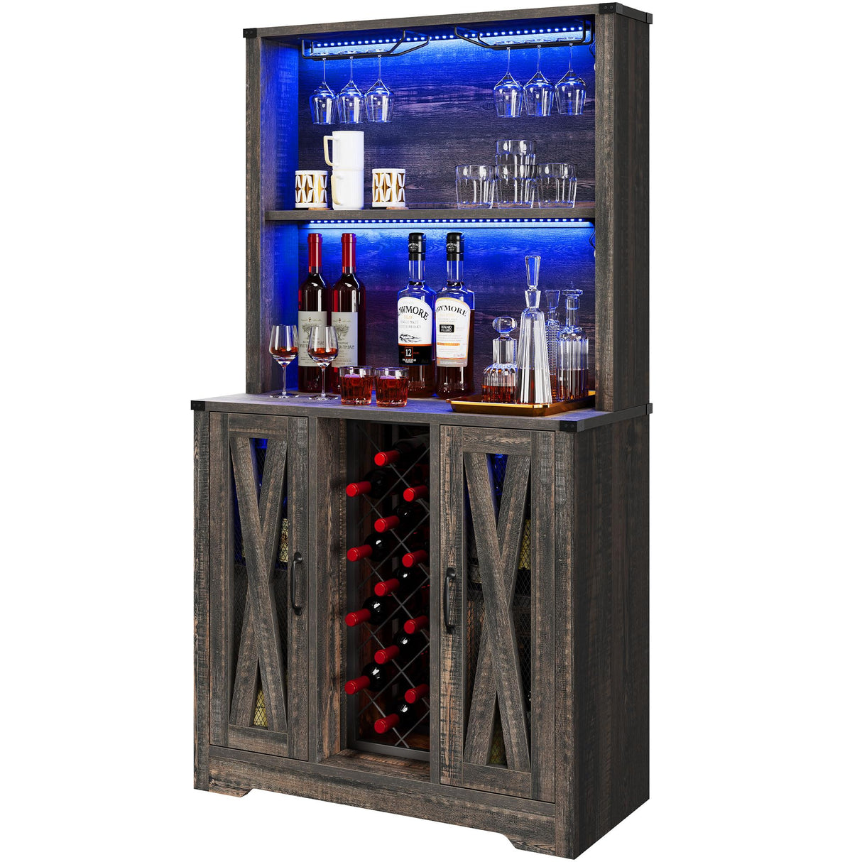 YITAHOME Wine Bar Cabinet, LED Farmhouse Liquor Cabinet Coffee Bar with Adjustable Shelves, 65 Inch Buffet Kitchen Storage Cabinet for Dinning Room, Kitchen, Living Room, Dark Rustic Oak YITAHOME