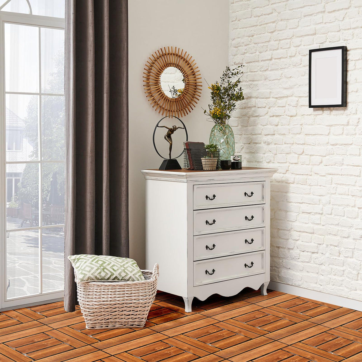 9Pcs Wood Interlocking Deck Tiles,Flooring Tiles, Tiles Interlocking Waterproof for Indoor and Outdoor, Patio Wood Flooring for Patio Porch Poolside Balcony Backyard (11.8"x11.8" -Checked Pattern) Shyneer