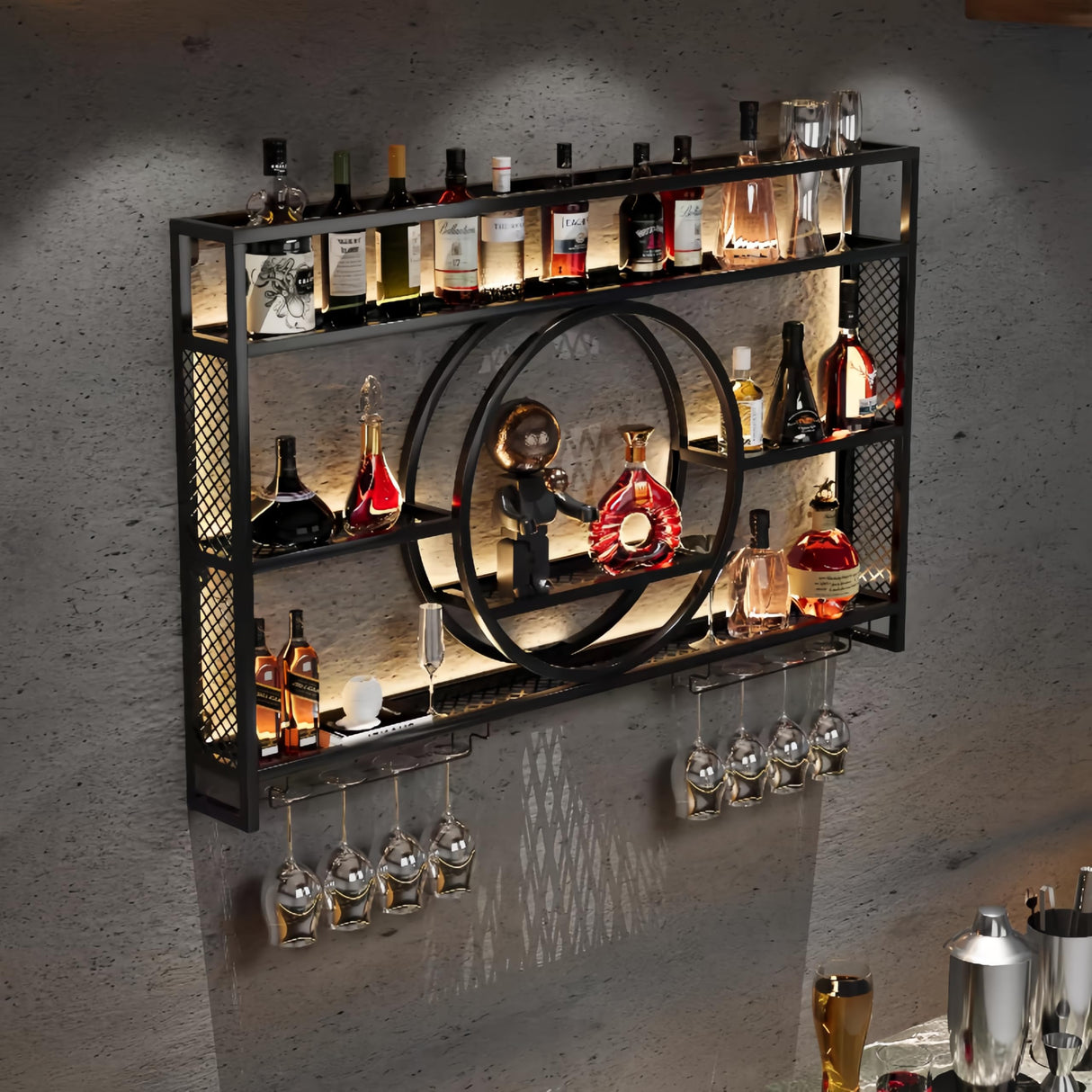 HFTUW 47 Inch Metal Wall Mounted Wine Rack, 3-Tier Bar Shelf with Glass Holder, Modern Large Capacity Liquor Bottle Display Shelf for Home Bar, Dining Room & Kitchen, Black HFTUW
