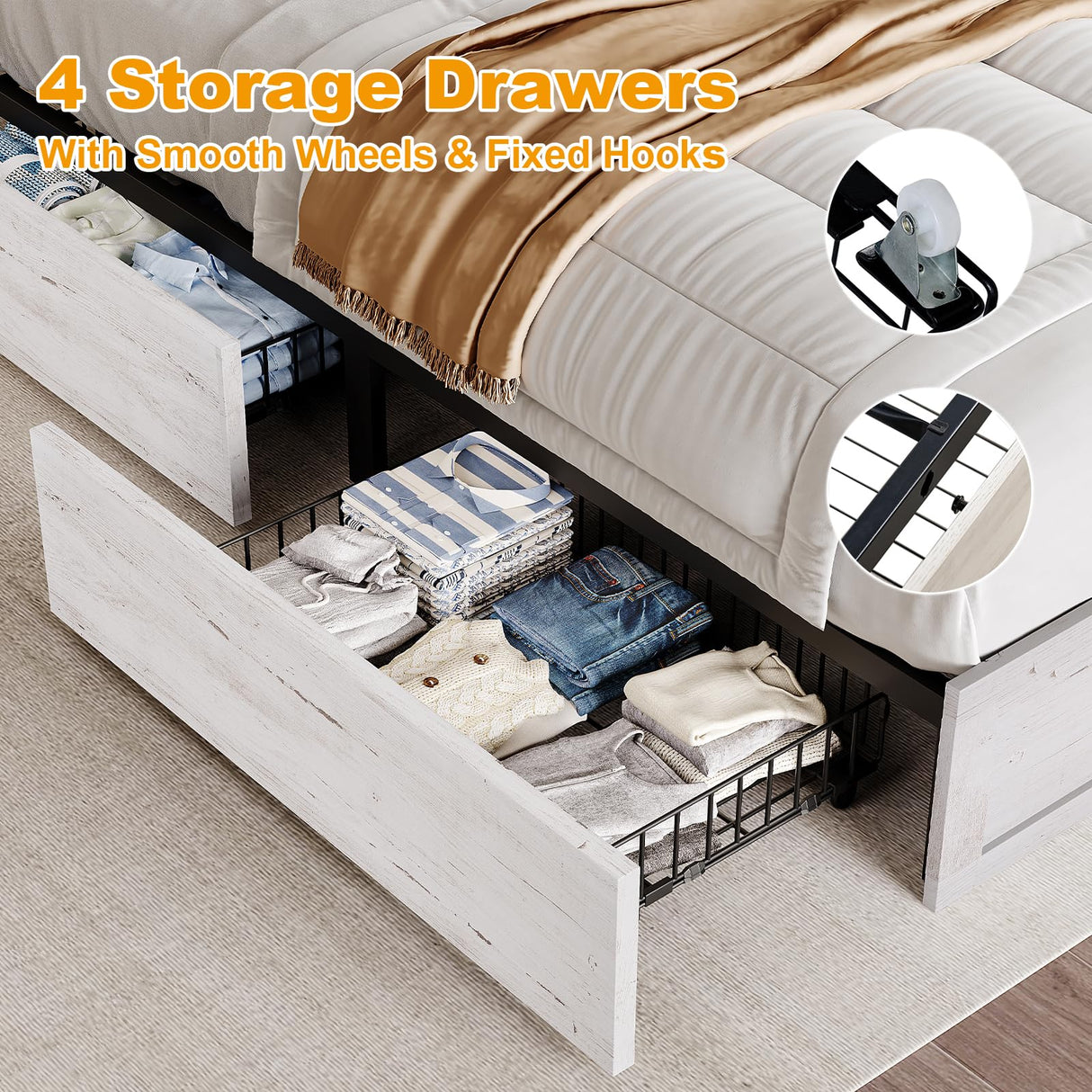 YUMPIE King Bed Frame with Bookcase Headboard, Farmhouse Upholstered Platform Bed with 4 Storage Drawers, LED Bed with Charging Station, Wood Slats Support, No Box Spring Needed, Distressed White YUMPIE