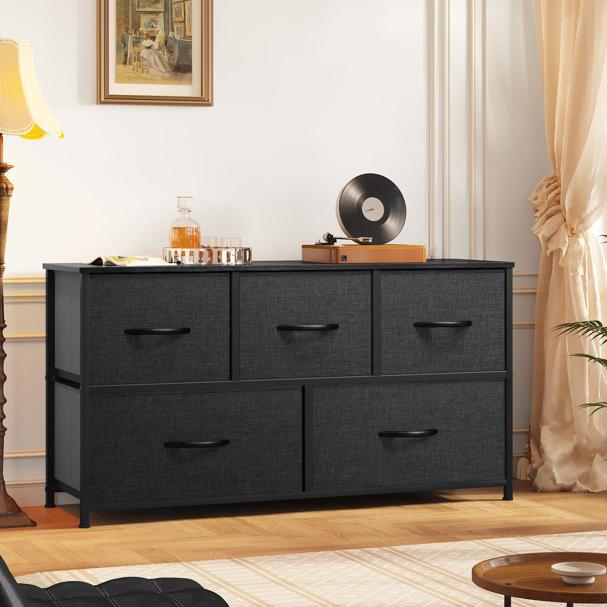 DWVO 5 Dresser for Bedroom, Fabric Dresser with 5 Drawers, Chest of Drawers for Closet, Black Dresser & Chest of Drawers DWVO