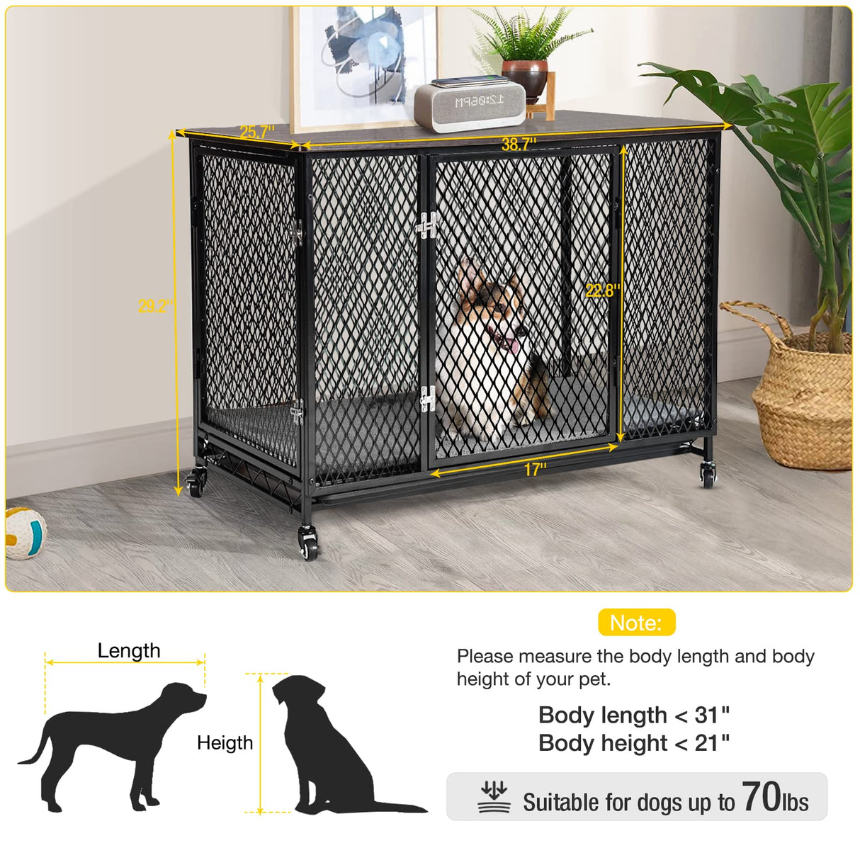 Aivituvin Dog Crate Furniture Movable Side End Table Indoor Dog Kennel for Small Medium Large Dogs Double-Doors Wooden Dog House with Cushion, Tray, Wire Floor(38.6") Aivituvin
