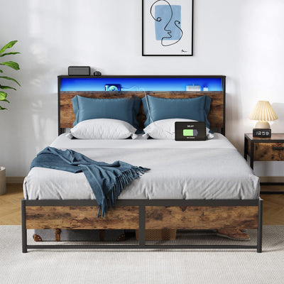 LINSY Ergonomic Full Bed Frame with RGB Headboard, Fast Assembly, USB Outlets & Ample Storage in Rustic Brown