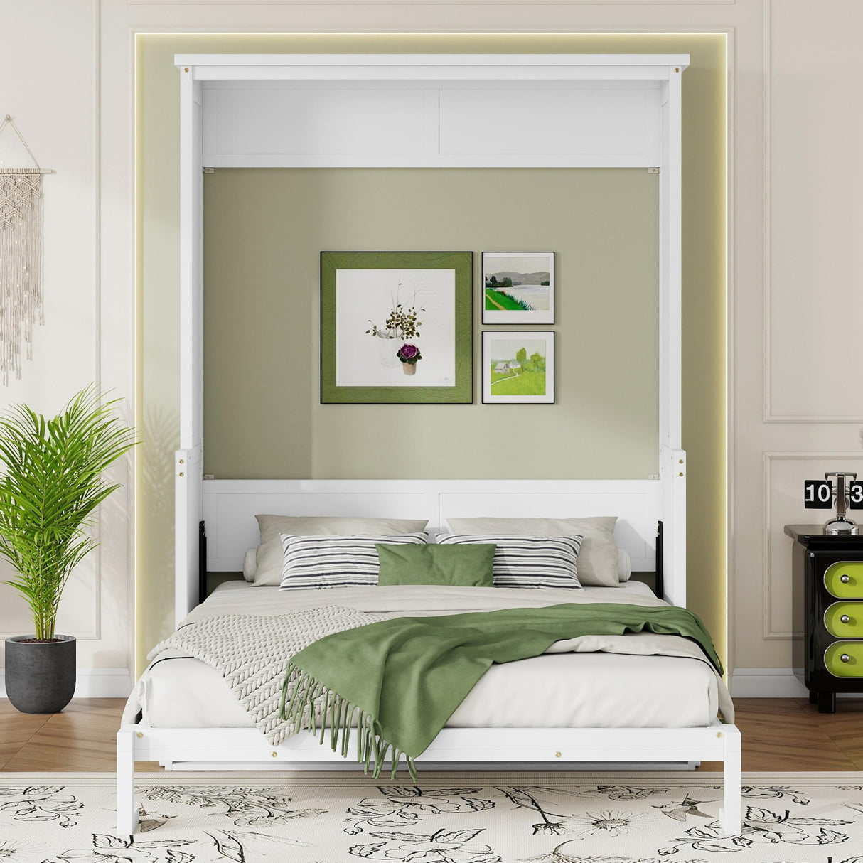 LUMISOL Queen Size Solid Wood Murphy Bed with Desk, Space Saving Hidden Wall Bed, Wall Bed Cabinet with Gas Struts, White LUMISOL