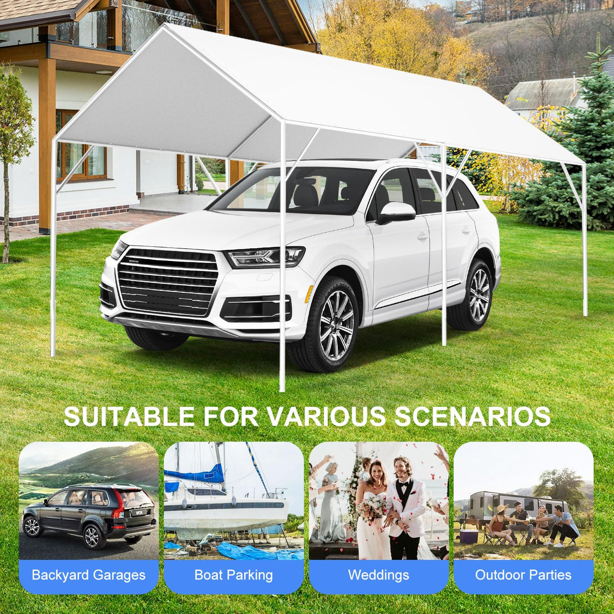 10' x 20' Canopy Replacement Cover for Carport, 220G Heavy Duty Replacement Top Cover for Car Garage, Waterproof & UV Protected Tarp with 48 Ball Bungees (Only Cover, Frame Not Included), White Buzleer