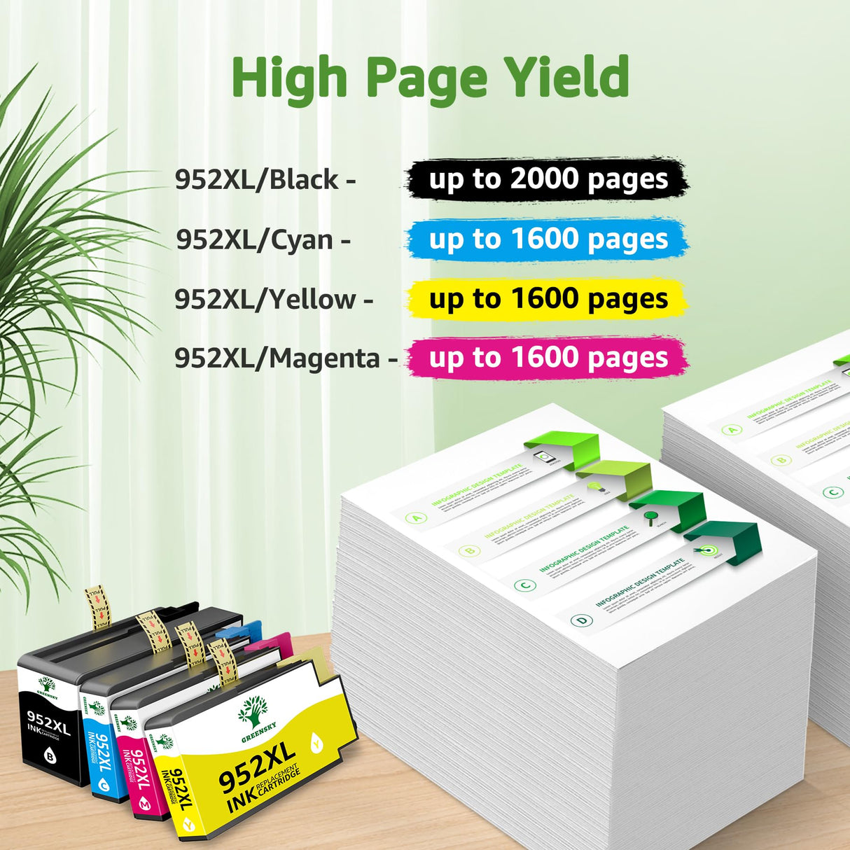 952xl Ink Cartridges Combo Pack Latest Upgrade Replacement for HP 952 XL Ink Cartridge for HP Officejet Pro 7740 8720 8710 8210 8715 8740 8702 8730 8725 Printers (4 Packs, Black Cyan Yellow Magenta) GREENSKY
