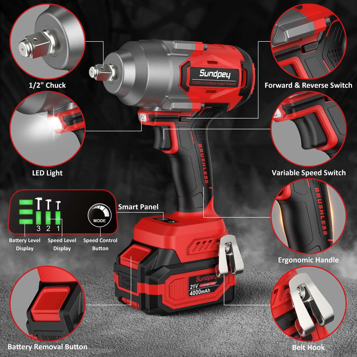 Sundpey Cordless Impact Wrench 812Ft-lbs - 1100N·m Brushless High Torque Impact Gun with 2 * 4.0Ah Battery - 21V Power Impact Driver with 5 Sockets & 9 Drill Bits & 1/2" Hexagonal Adapter for Car Home Sundpey