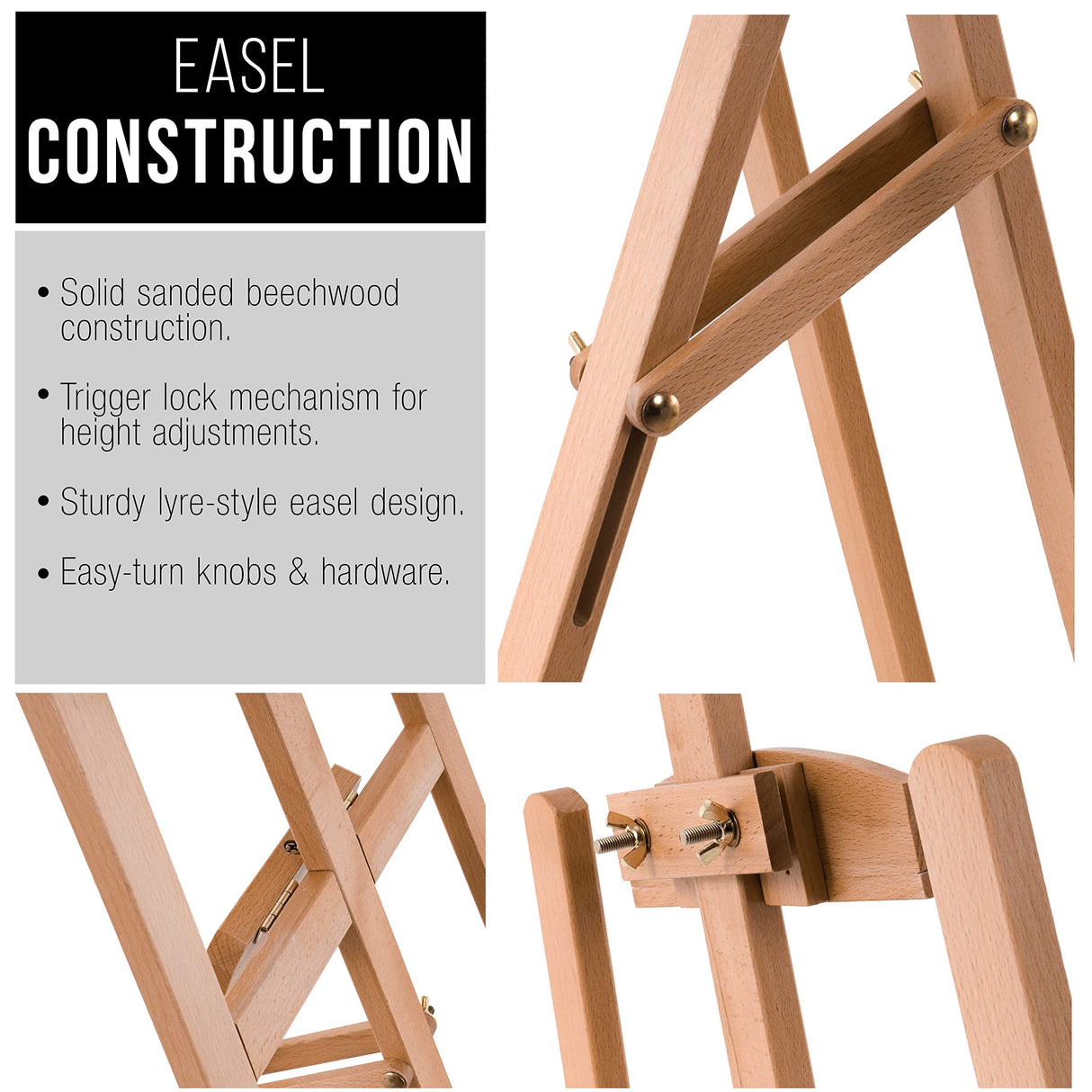 U.S. Art Supply 56" High Medium A-Frame Wood Easel, Lyre Style Studio - Artists Floor Stand, Sturdy Beechwood, Adjustable Height To 43" Canvas - Artwork Painting, Drawing, Sign Display Holder, Student U.S. Art Supply