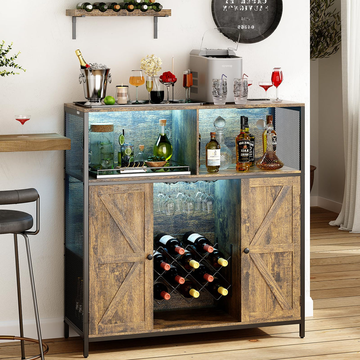 Redlife Wine Bar Cabinet with Power Outlets, Liquor Cabinet with LED Lights and Glass Holder, Industrial Storage Buffet Cabinet Coffee Bar Cabinet, Liquor Cabinet Bar Home, Bar Cabinet with Lights Redlifeᅟᅠ
